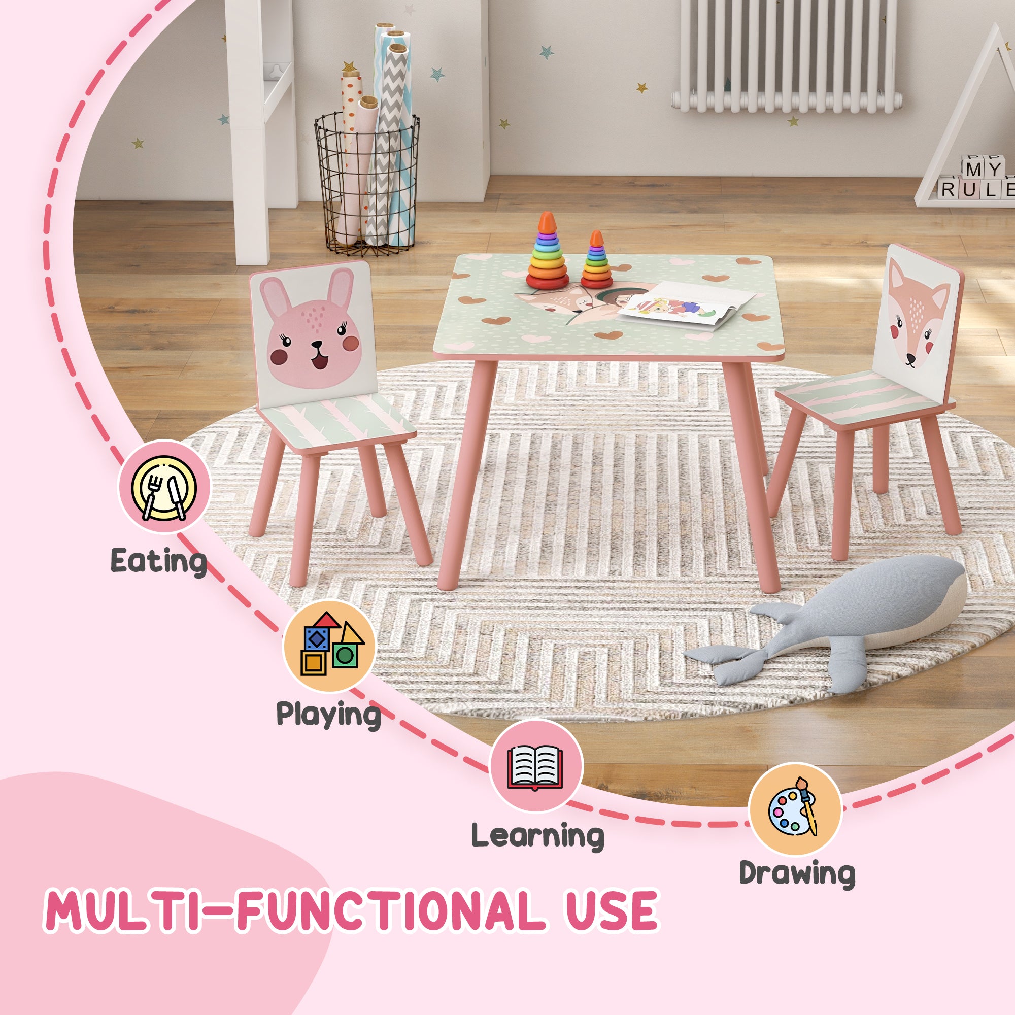 ZONEKIZ Kids and Table Chairs, Children Desk with Two Chairs, Toddler Furniture Set, for Ages 3-6 Years - Pink