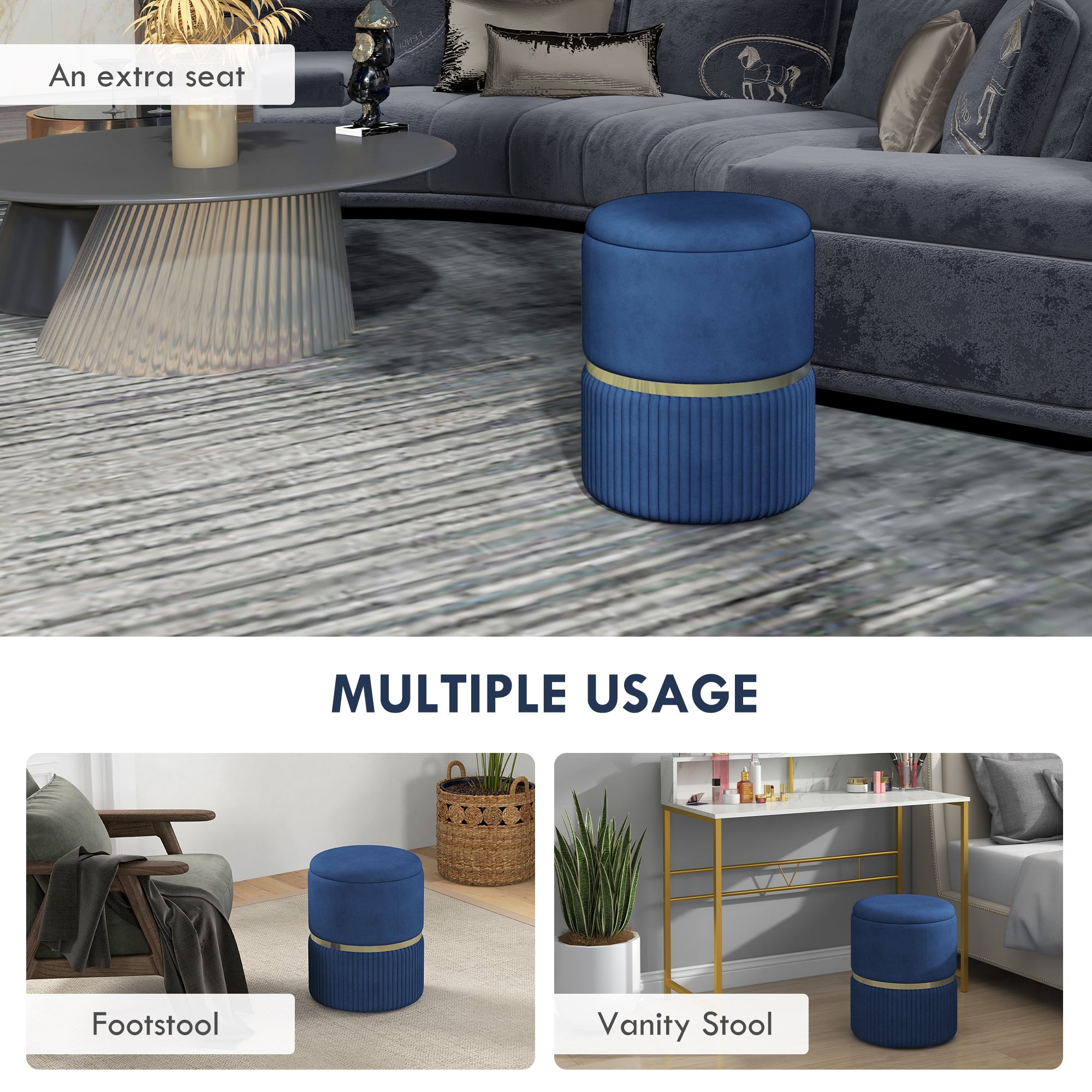 HOMCOM Velvet-Feel Storage Ottoman - Blue