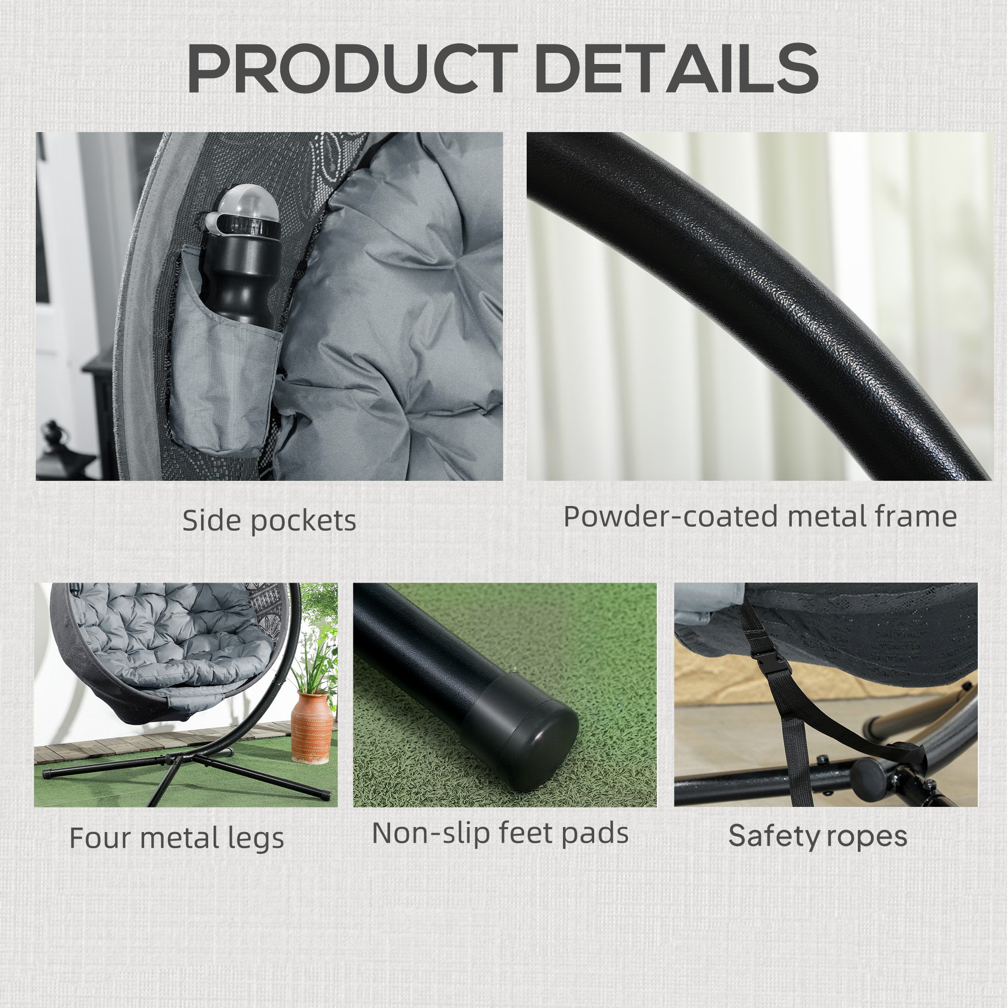 Outsunny Round Egg Basket Chair, with Steel Stand, Charcoal Grey - North Peak Garden Furniture