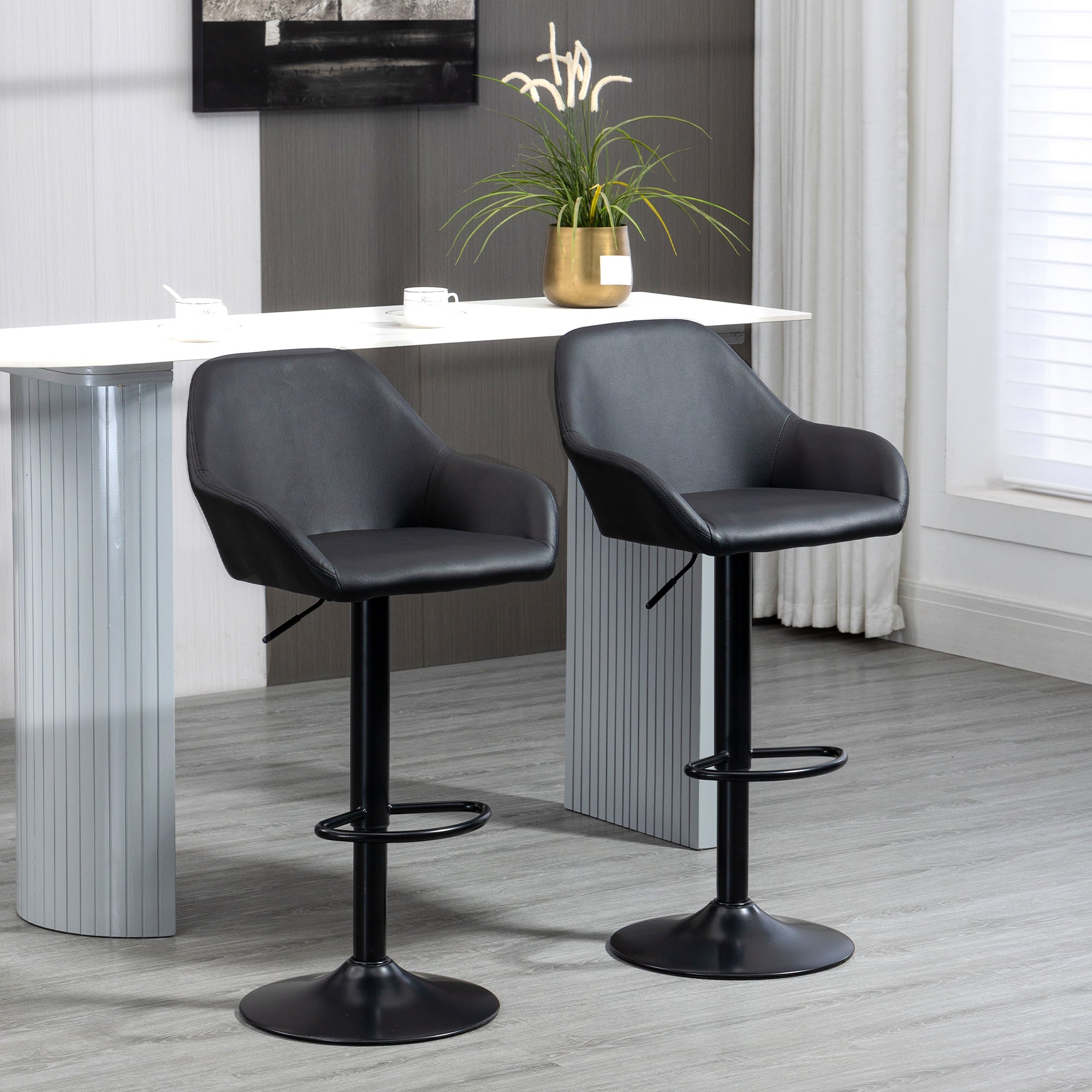 HOMCOM Adjustable Bar Stools Set of 2, Swivel Barstools with Footrest and Backrest, PU Leather and Steel Base, for Kitchen Counter and Dining Room, Black - North Peak Garden Furniture