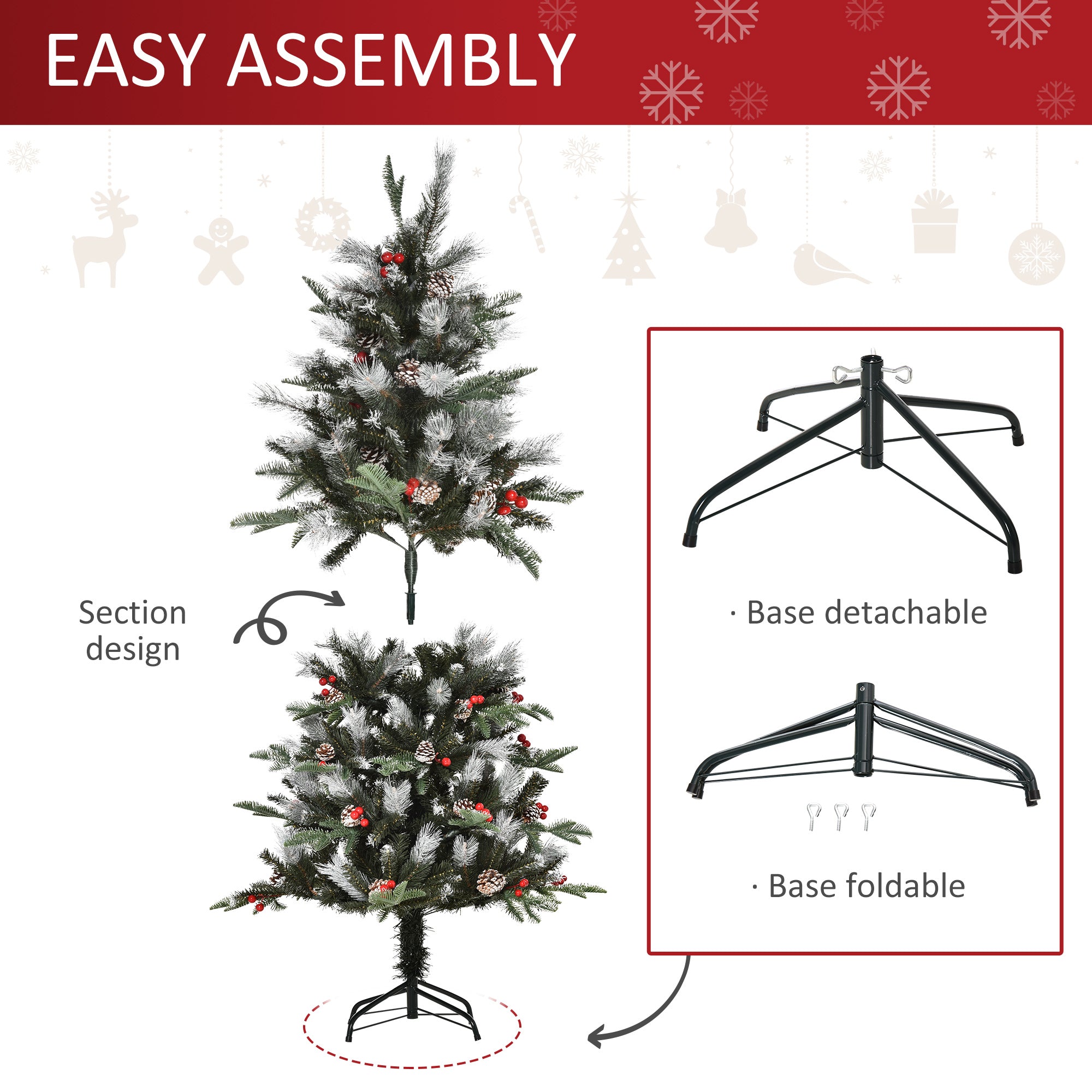 HOMCOM 5FT Artificial Snow Dipped Christmas Tree Xmas Pencil Tree Holiday Home Party Decoration with Foldable Feet Red Berries White Pinecones, Green - North Peak Garden Furniture