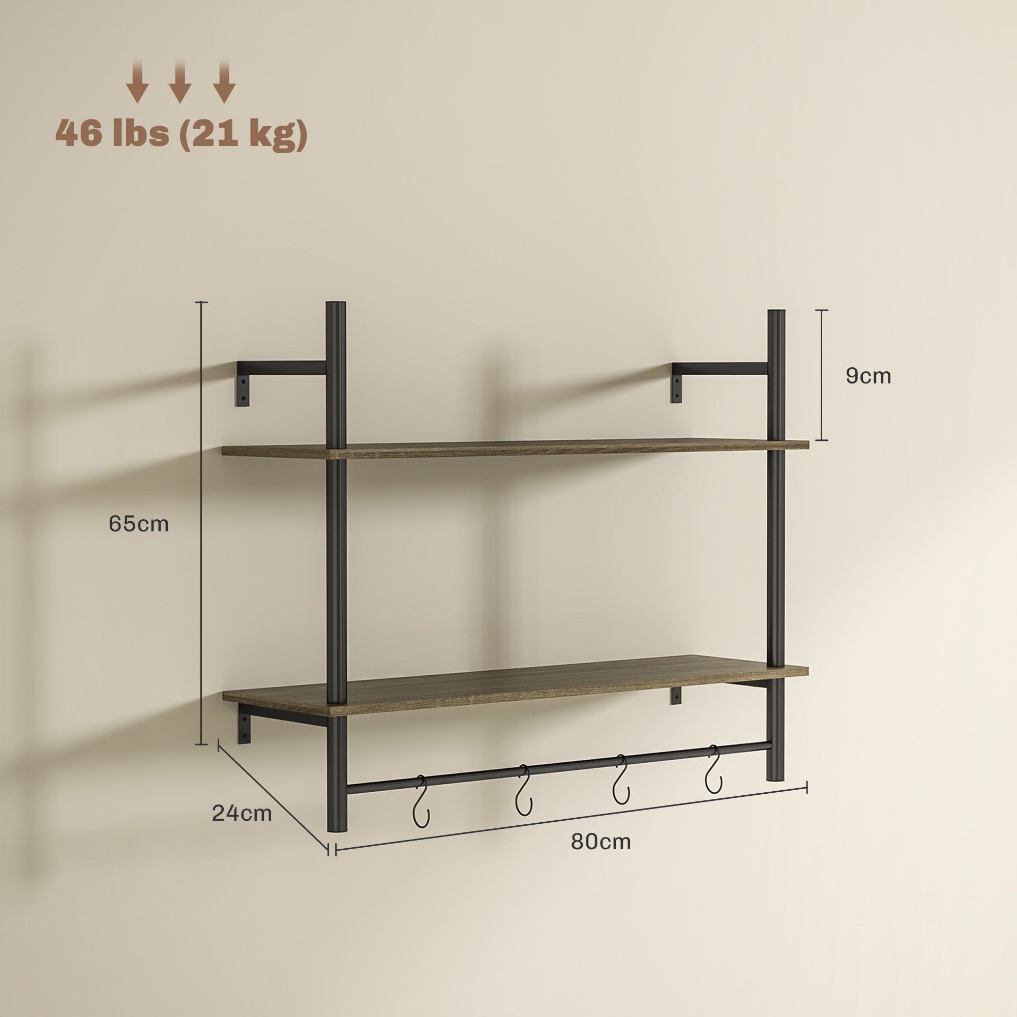 HOMCOM Wall Mounted Floating Shelves with 4 Hooks, Rustic Wall Shelf Unit for Living Room, Entryway, Grey - North Peak Garden Furniture