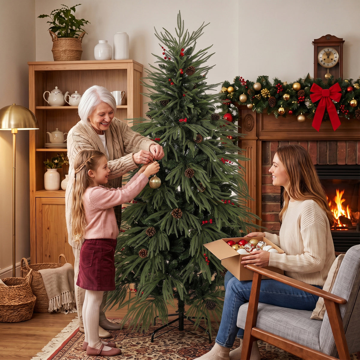 HOMCOM 6ft Artificial Christmas Tree with Pinecones, Red Berries, Hinged Predecorated Xmas Tree with 2843 Branch Tips
