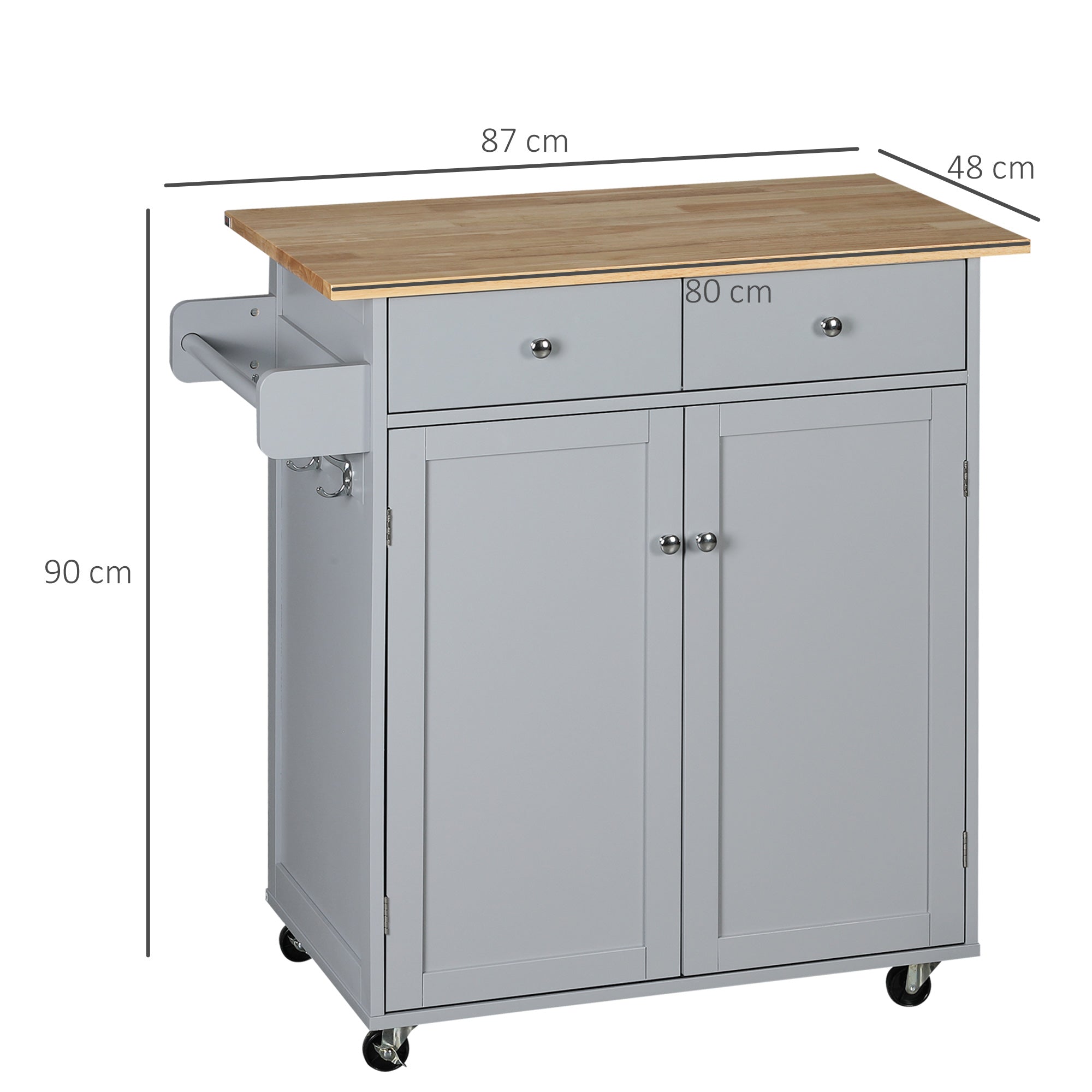 HOMCOM Rolling Kitchen Island on Wheels, Utility Serving Cart with Rubber Wood Top, Towel Rack, Hooks and Storage Drawers, Grey - North Peak Garden Furniture