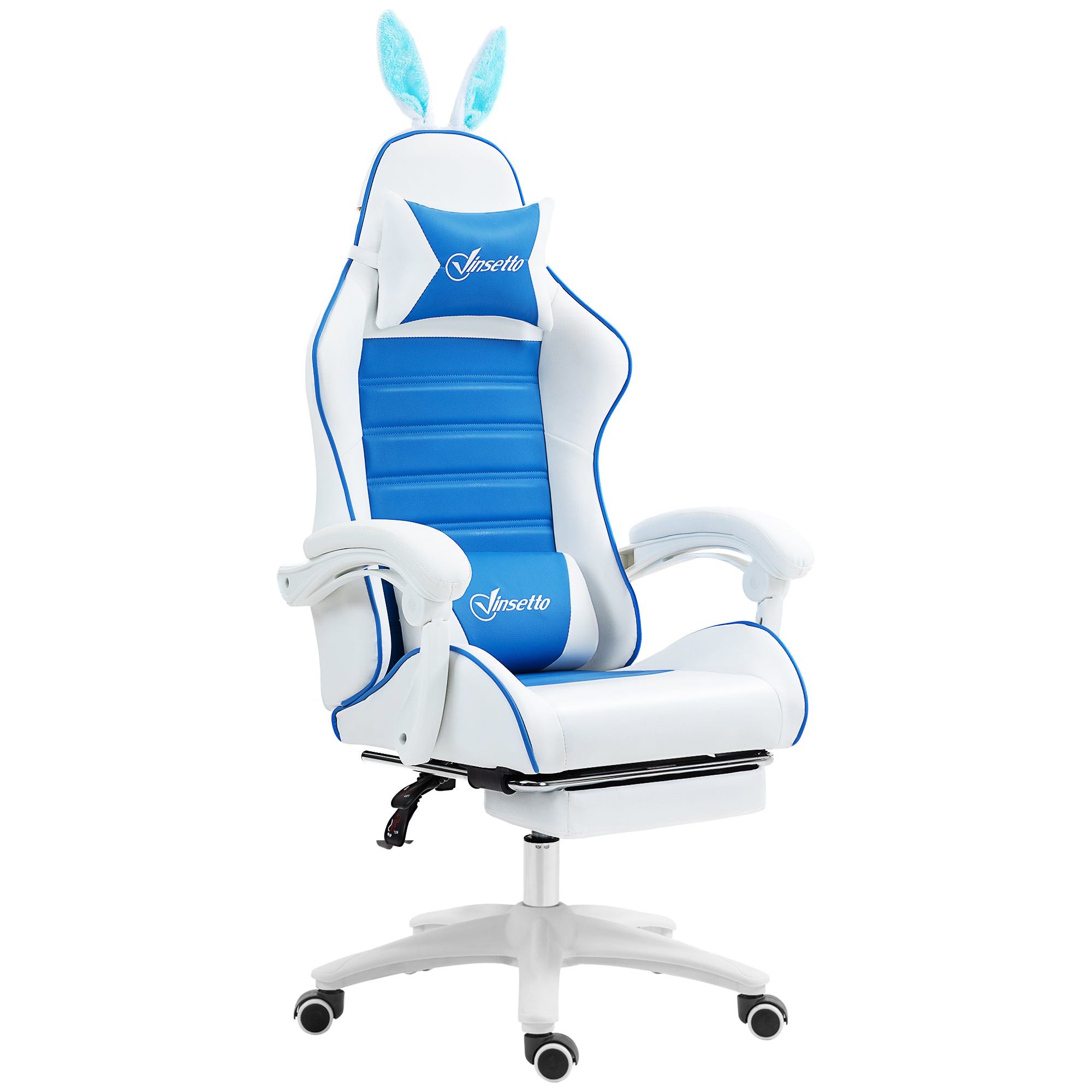 Vinsetto Racing Gaming Chair, Reclining PU Leather Computer Chair with Removable Rabbit Ears, Footrest and Lumber Support, Blue - North Peak Garden Furniture