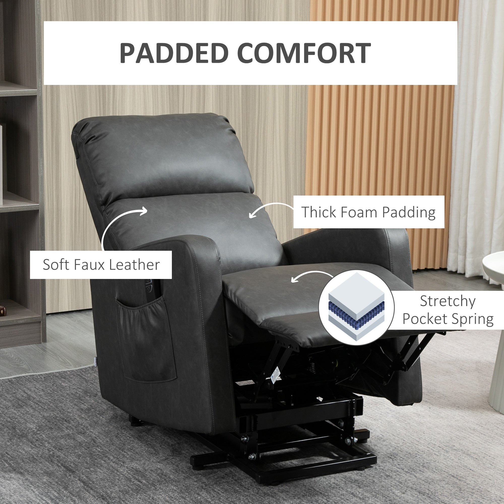 HOMCOM Riser and Recliner Chair for the Elderly, PU Leather Upholstered Lift Chair for Living Room with Remote Control, Side Pockets, Charcoal Grey - North Peak Garden Furniture