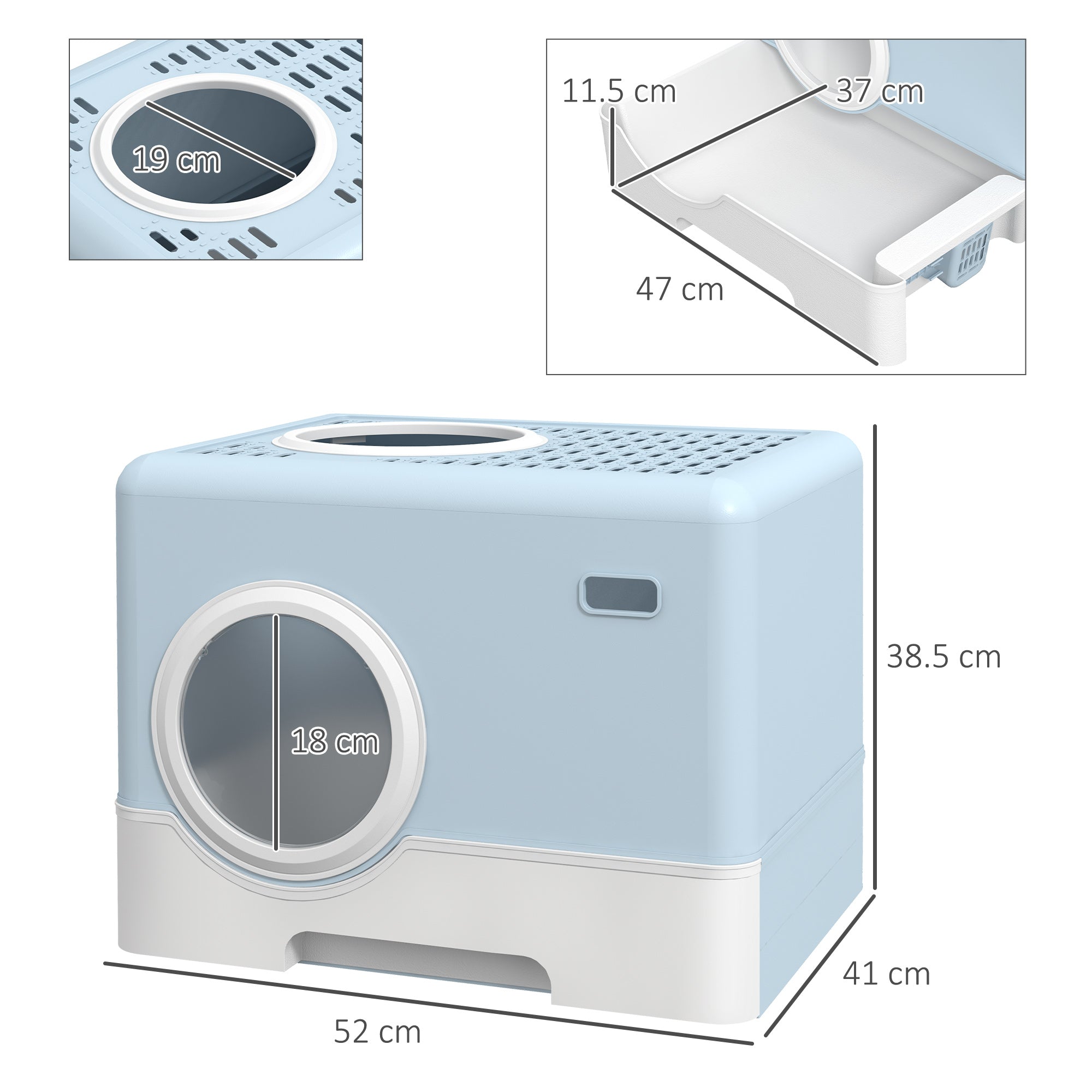 PawHut Enclosed Cat Litter Box, with Lid, Front Entry, Top Exit, Pull-Out Tray, Scoop - Blue - North Peak Garden Furniture