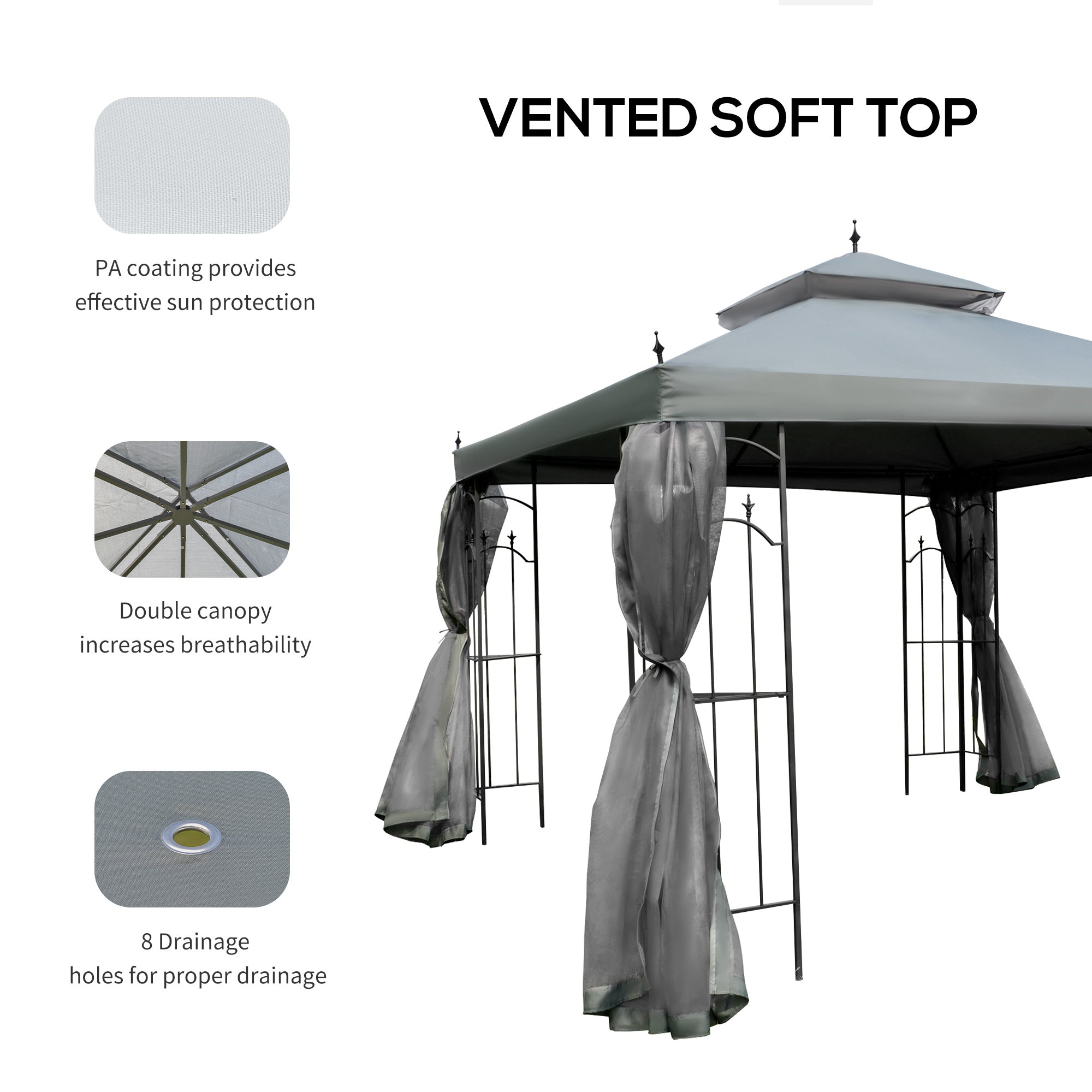 Outsunny 3(M)x3(M) Garden Gazebo Double Top Outdoor Canopy Patio Event Party Wedding Tent Backyard Sun Shade with Netting - Grey