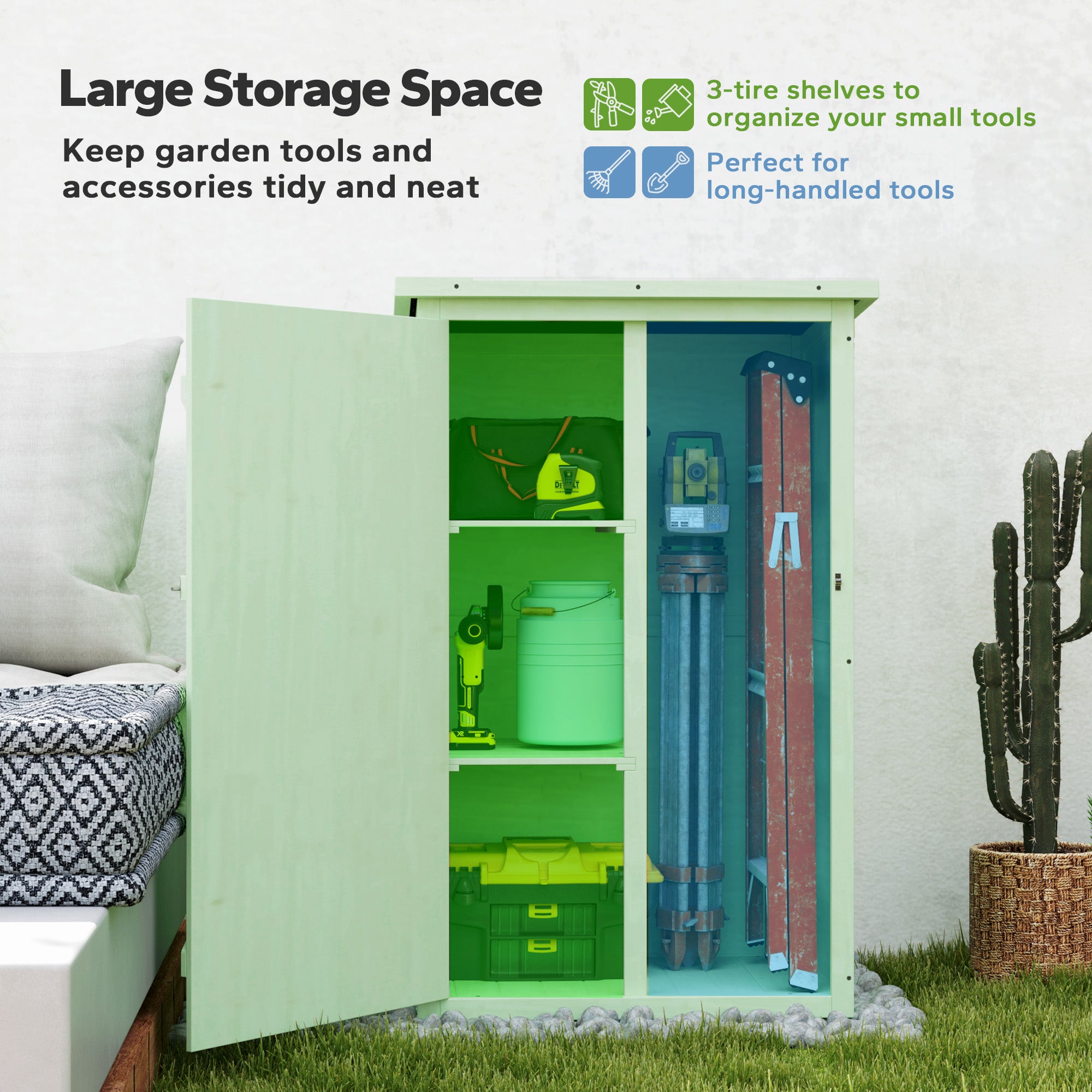 Outsunny Wooden Small Shed, Garden Storage Shed with Shelves and Bolt Latch, 75L x 56W x115H cm, Green - North Peak Garden Furniture