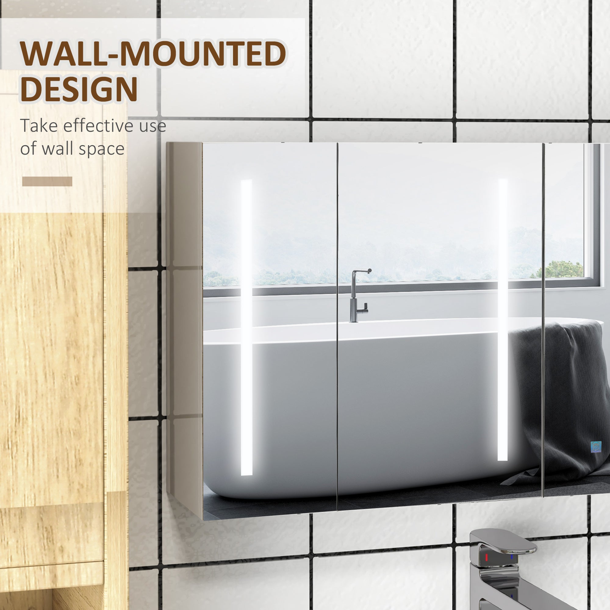 kleankin Bathroom Mirror Cabinet with Light, Bathroom Storage Cupboard with USB Charge, Adjustable Shelf, 90x15x70cm, White - North Peak Garden Furniture
