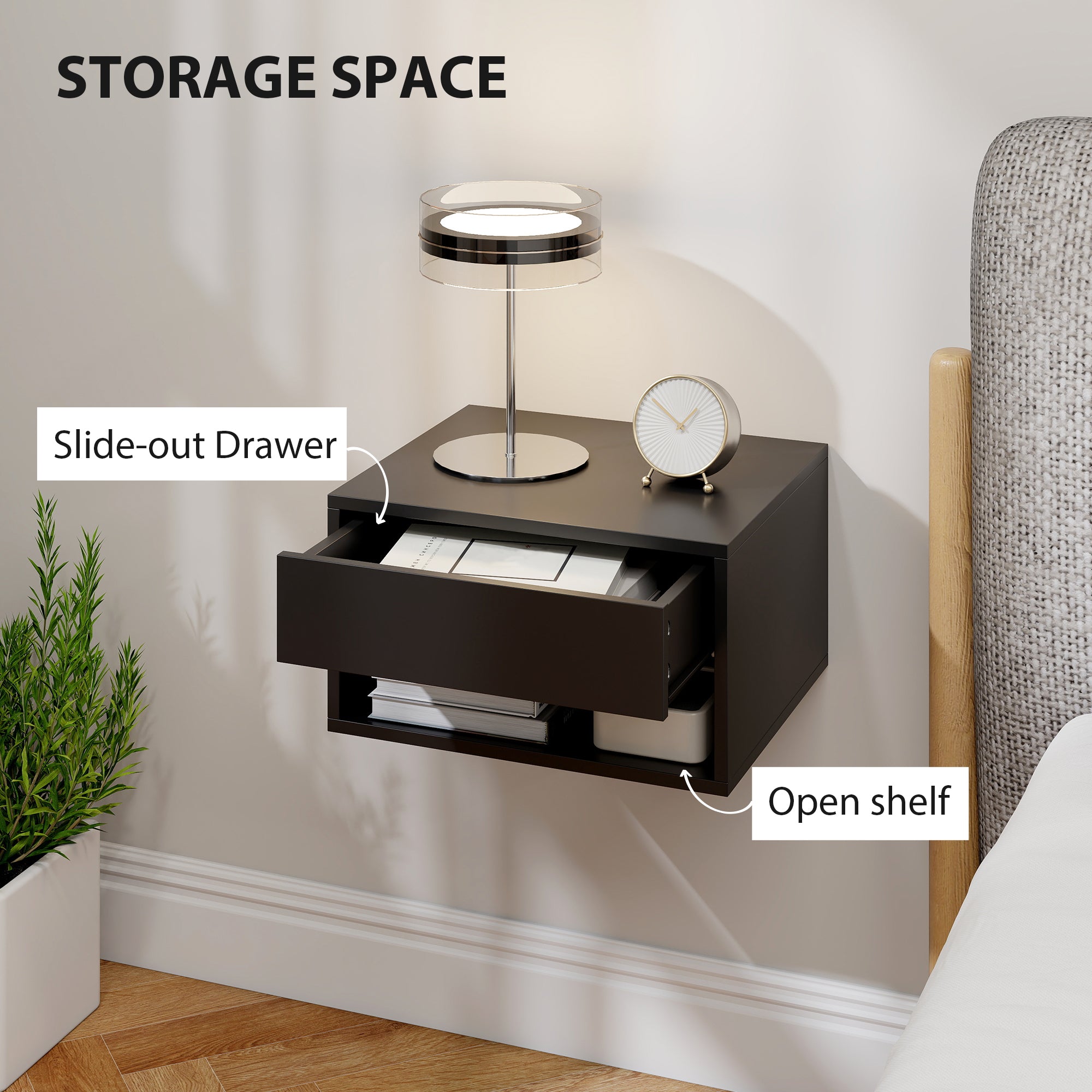 HOMCOM Floating Bedside Tables Set of 2, Wall Mounted Nightstand, Black