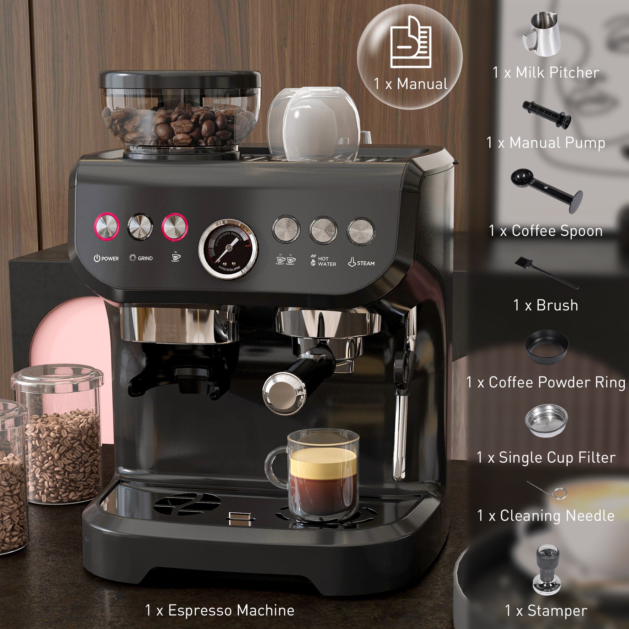 HOMCOM 15 Bar Coffee Machine, with Adjustable Grind, Steamer and Accessories - North Peak Garden Furniture