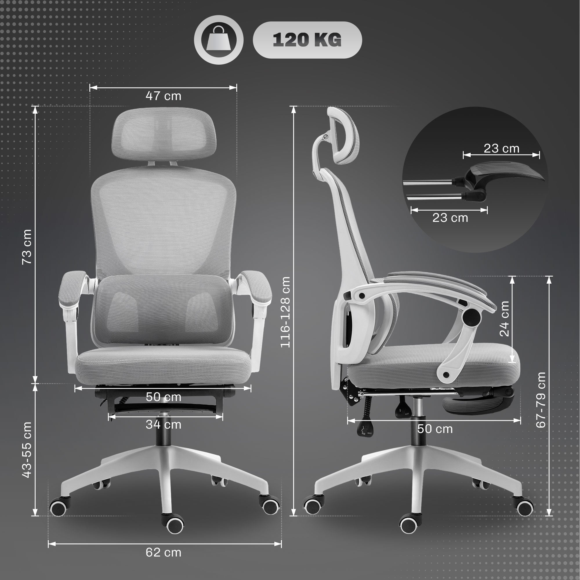 HOMCOM Ergonomic Office Chair, Mesh High Back Desk Chair with Adjustable Lumbar Support and Headrest, Footrest, Reclining Executive Swivel Computer Chair for Home Study, Grey - North Peak Garden Furniture