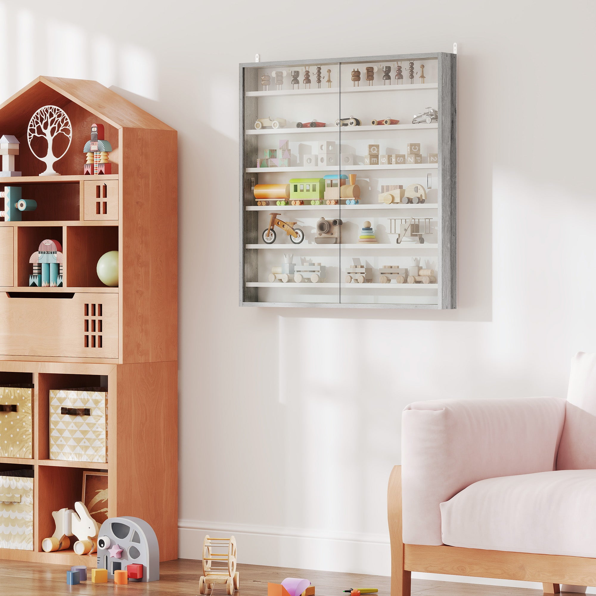 HOMCOM Six Shelf Display Cabinet, with Glass Doors - Graphite Wood Effect - North Peak Garden Furniture