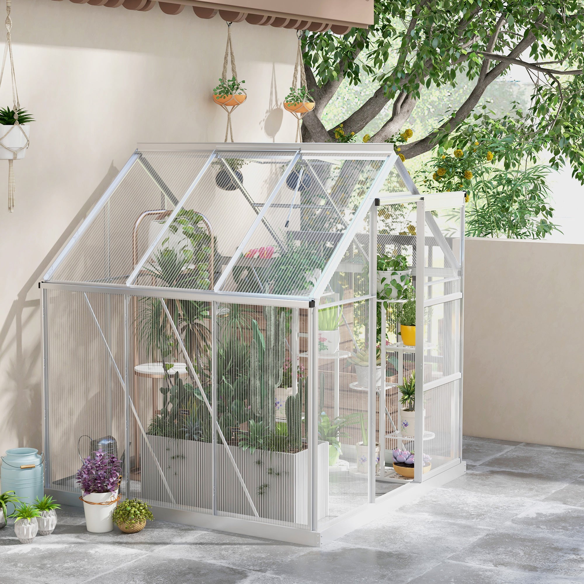 Outsunny 6 x 6ft Walk-In Greenhouse, Polycarbonate Greenhouse with Sliding Door, Window, Aluminium Frame, Foundation, Silver - North Peak Garden Furniture