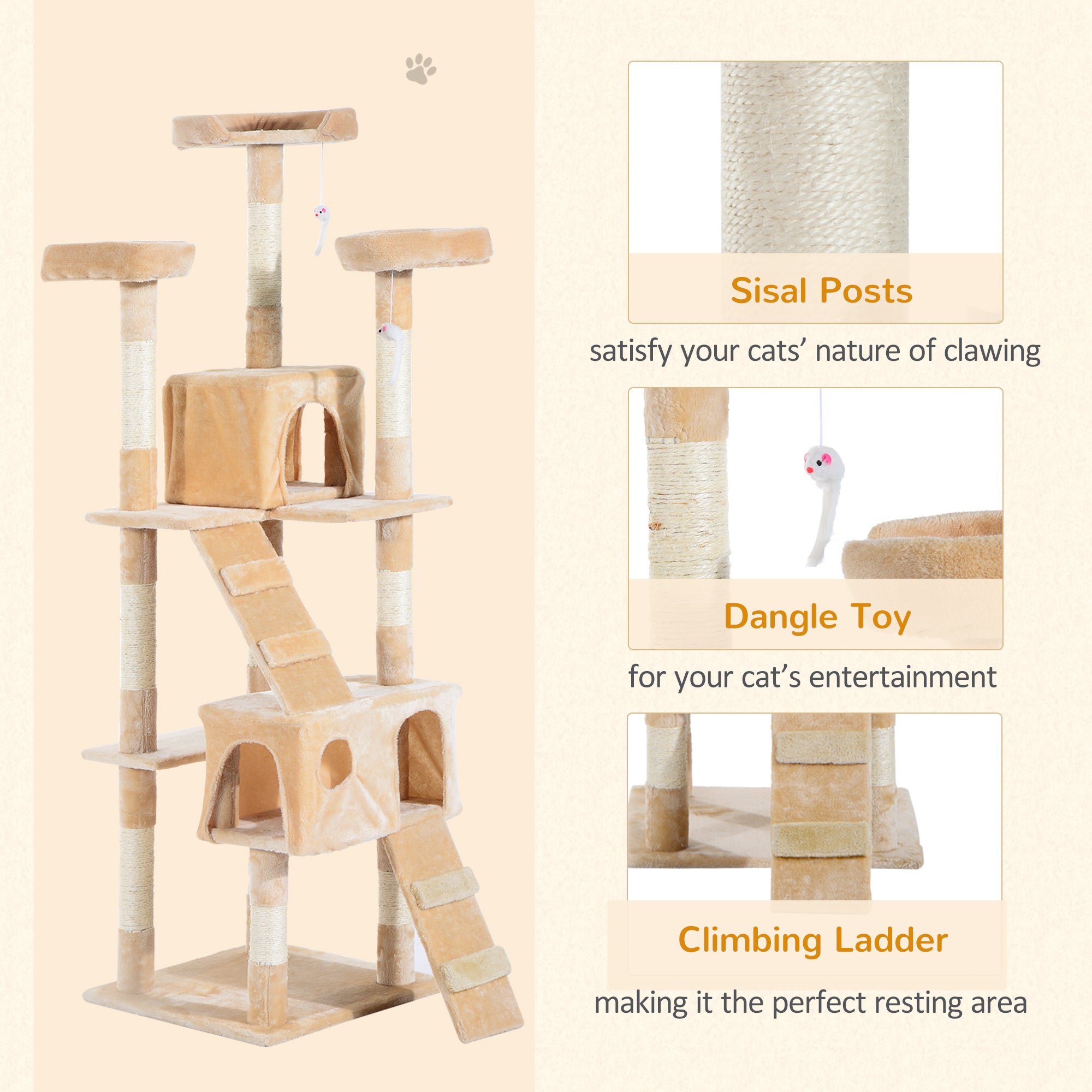 PawHut Deluxe Cat Tree, Kitten Scratching Post, Climbing Tower Activity Centre, Plush, Cream