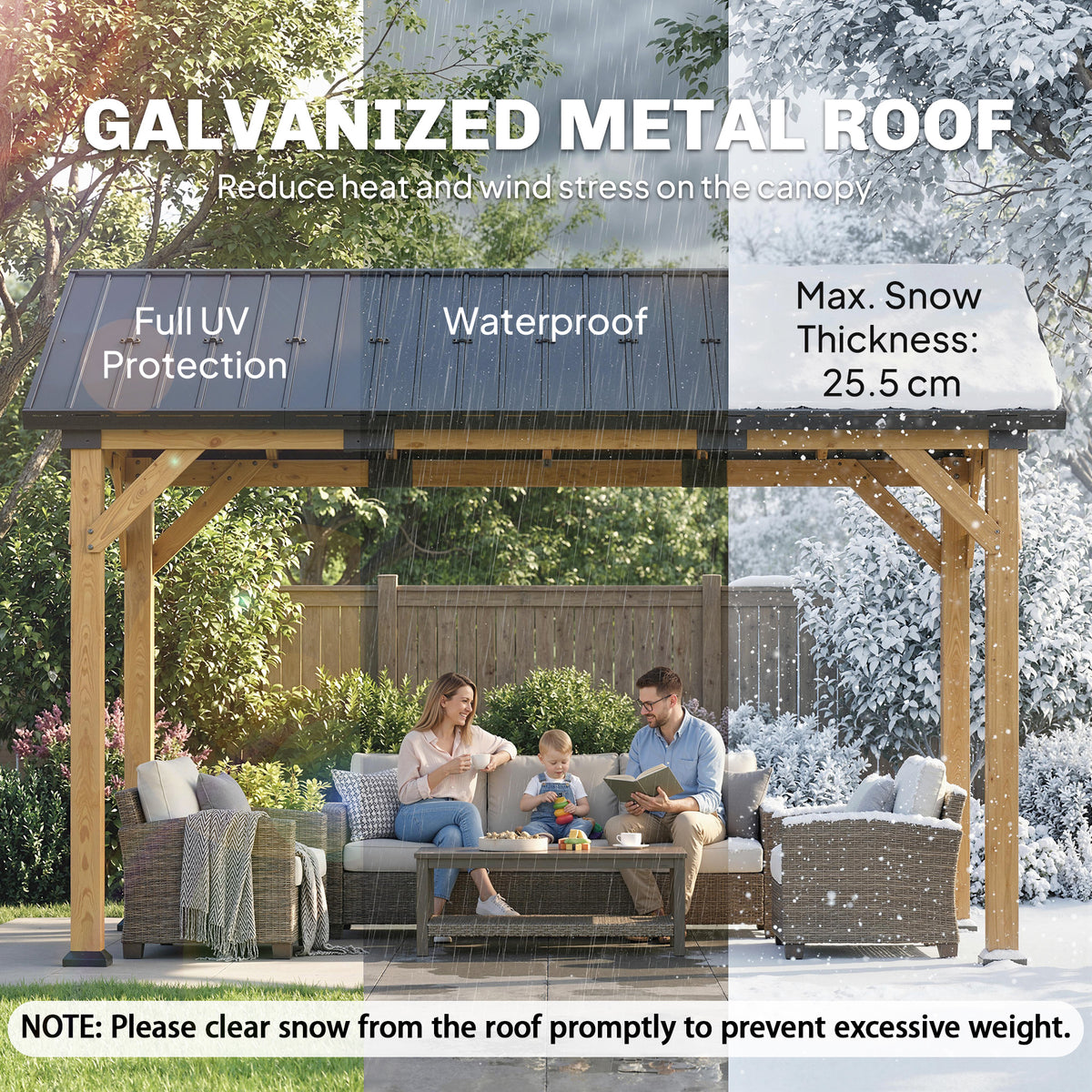 Outsunny 3.5 x 4 m Hardtop Gazebo Canopy with Galvanised Metal Roof, Fir Wood Frame and Hook for Patio, Garden, Black Grey