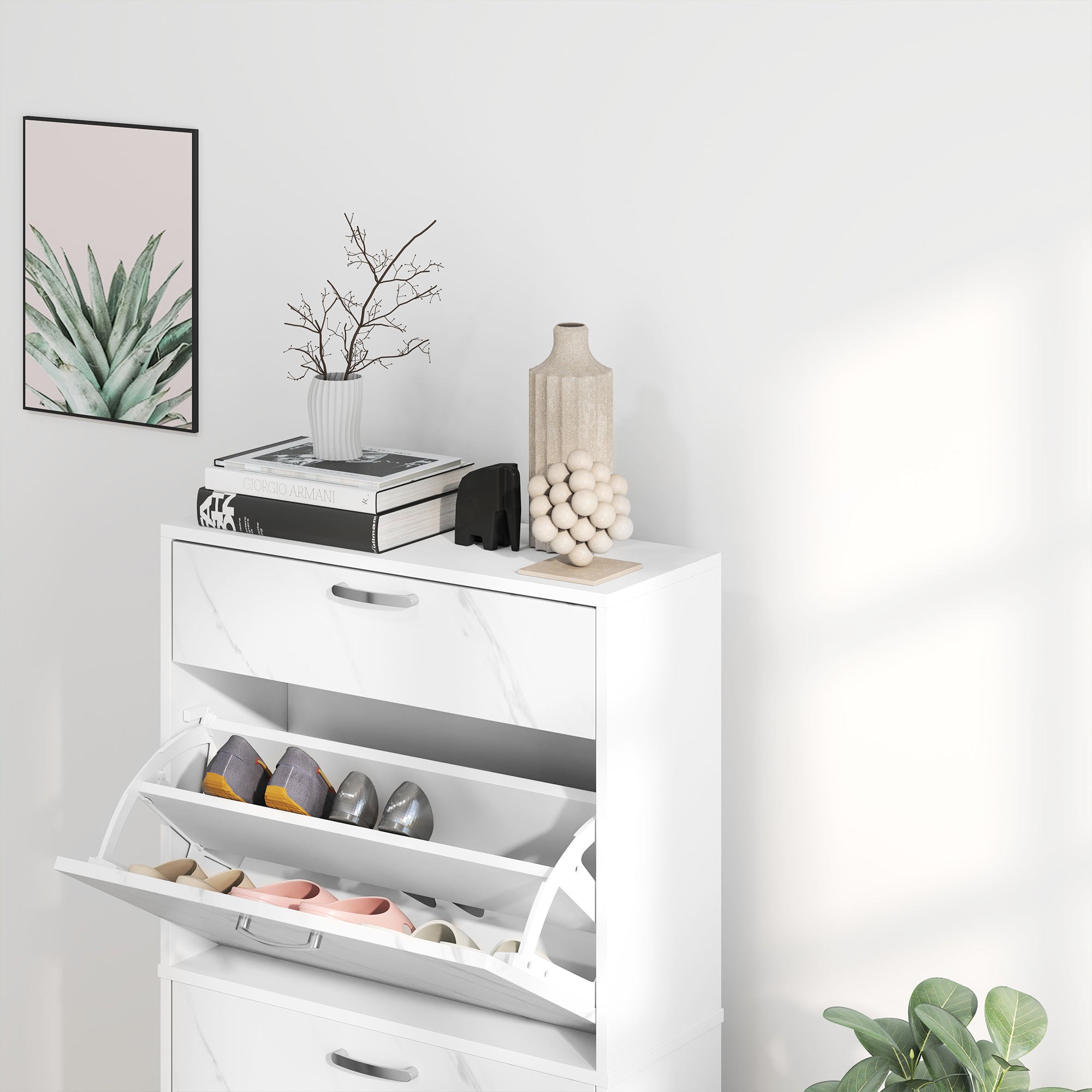 HOMCOM Marble Shoe Storage Cabinet with 3 Flip Drawers, Hallway Cabinet with Top Drawer and Adjustable Shelves, Shoe Cupboard for 18 Pairs, White - North Peak Garden Furniture