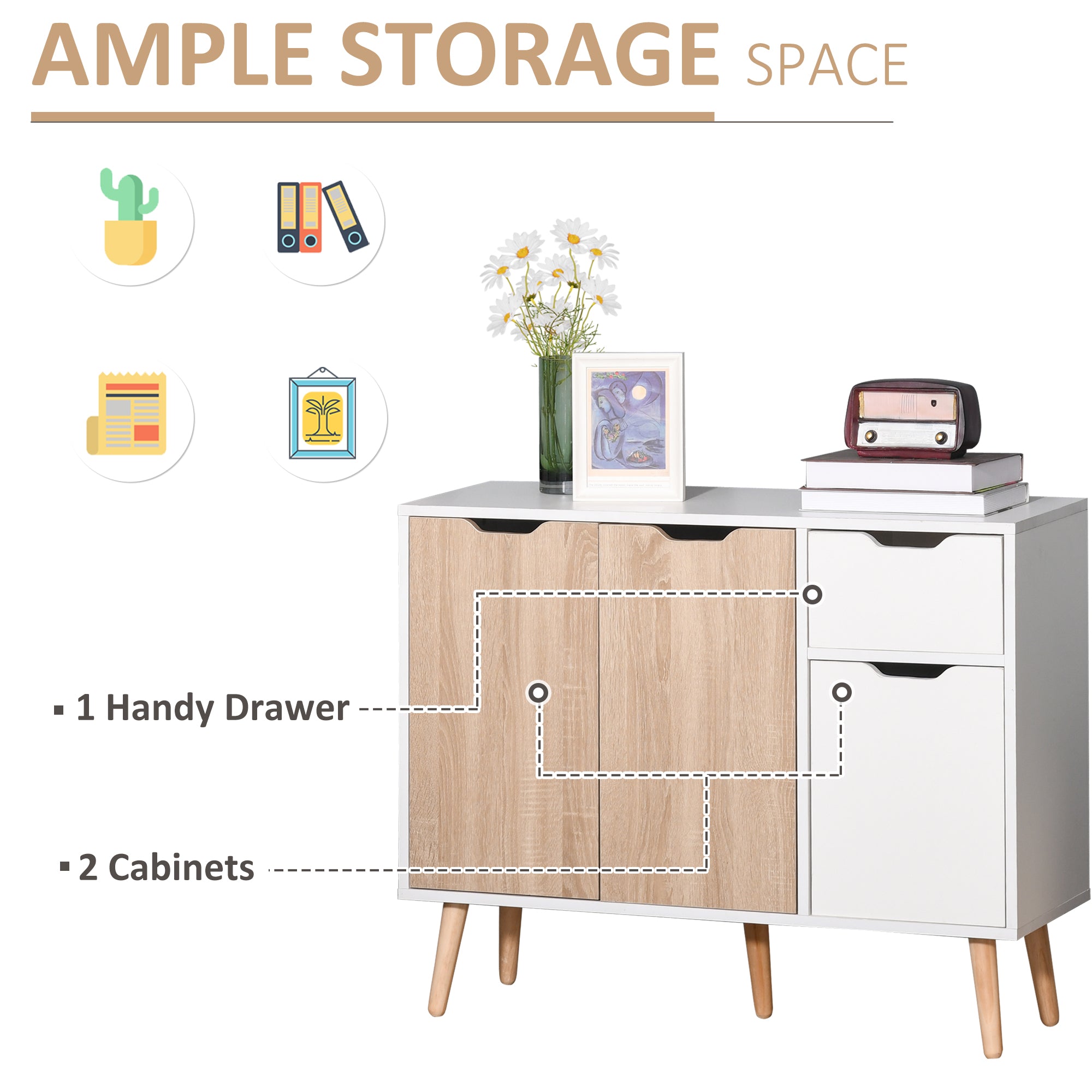 HOMCOM Sideboard Floor Standing Storage Cabinet with Drawer for Bedroom, Living Room, Home Office, Natural - North Peak Garden Furniture