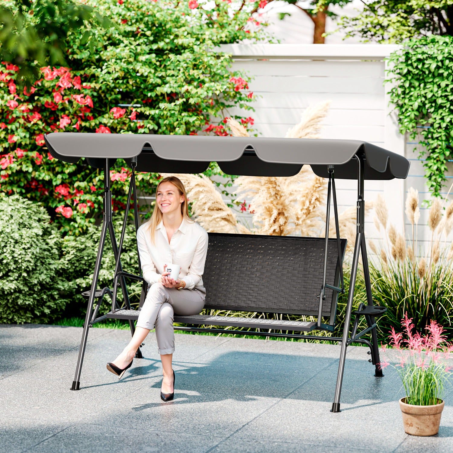 Outsunny 3 Seater Swing Chair, Garden Swing Seat Bench with Adjustable Canopy, Rattan Seat and Steel Frame for Patio, Yard, Grey