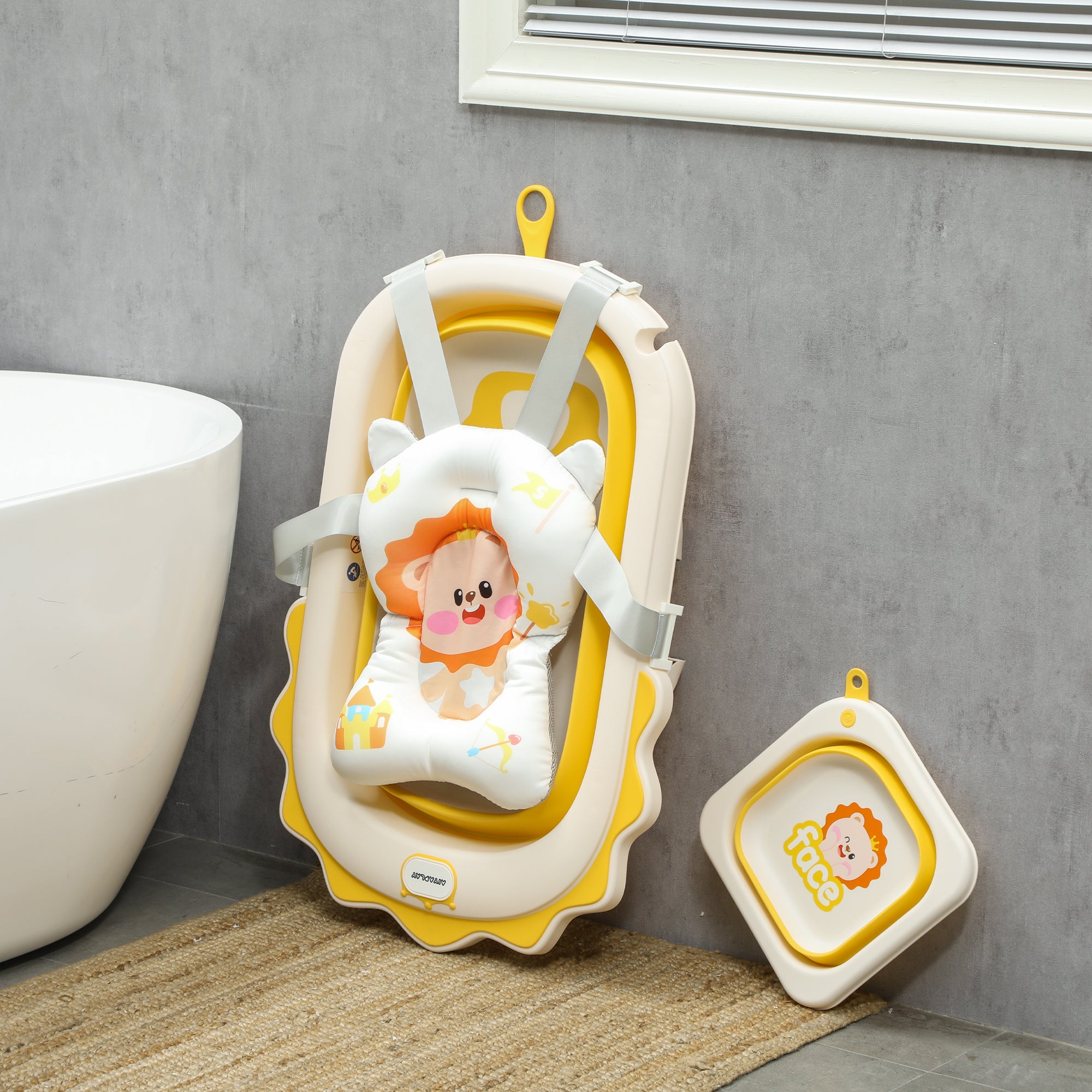 AIYAPLAY Foldable Baby Bath Tub Set with Bath Cushion, Wash Basin, Non-slip Stand & Bottom, Yellow - North Peak Garden Furniture