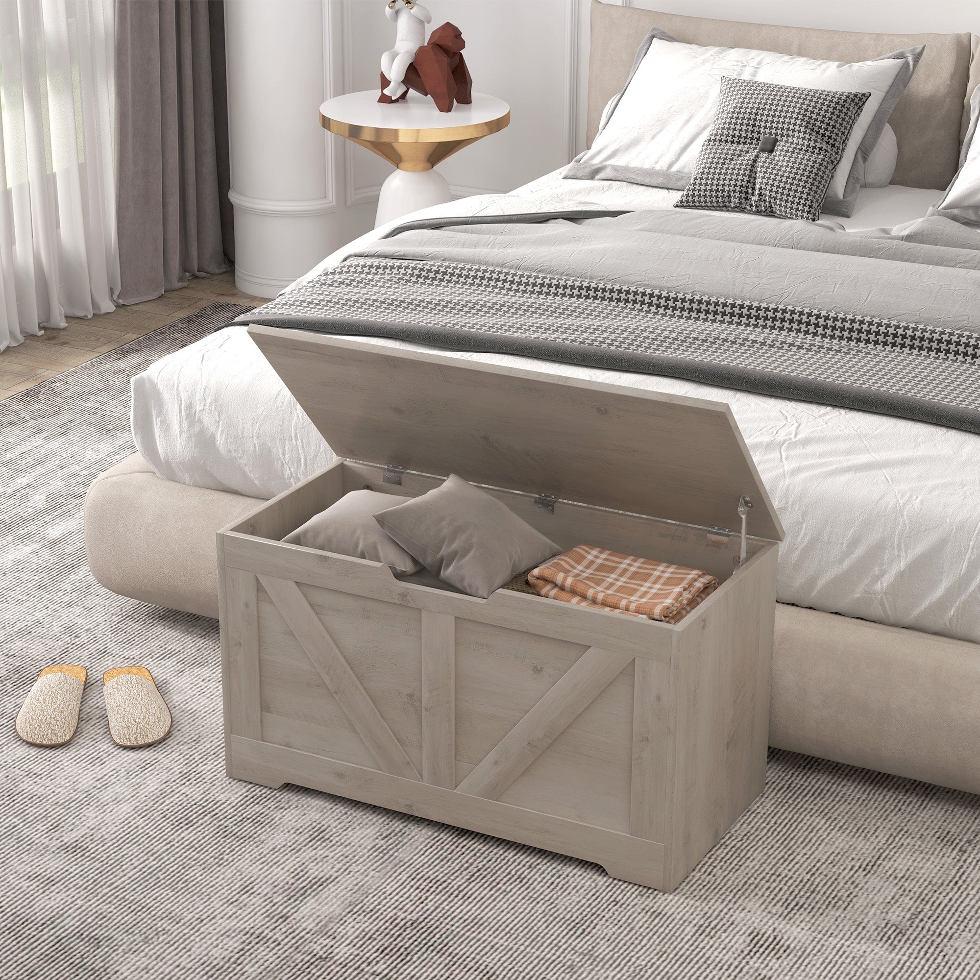 HOMCOM 100L Home Storage Box, with Safety Hinges - White Wood-Effect - North Peak Garden Furniture