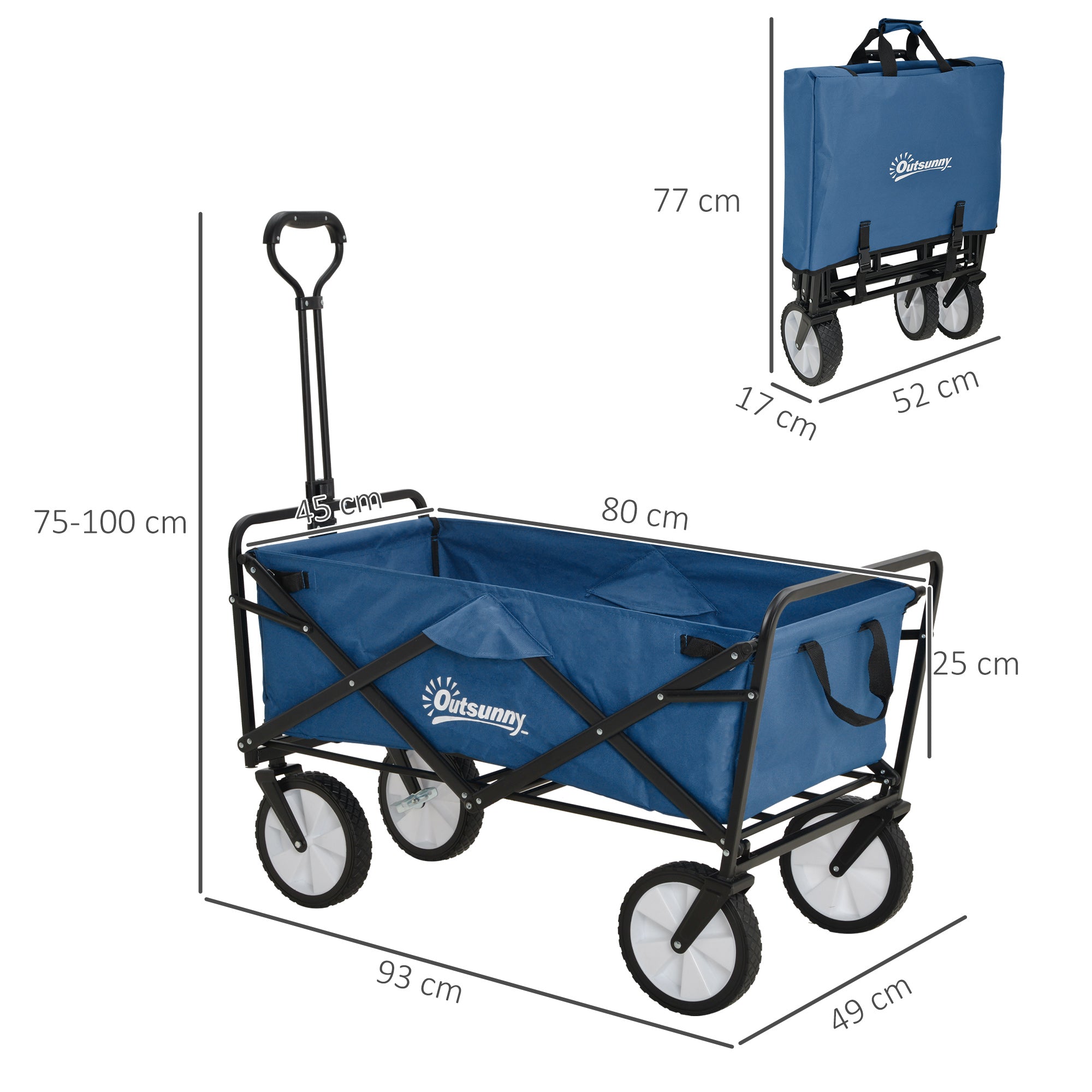 Outsunny 90L Folding Garden Trolley Cart Pull Along Wagon with Telescopic Handle for Beach Camping Festival - Navy Blue - North Peak Garden Furniture