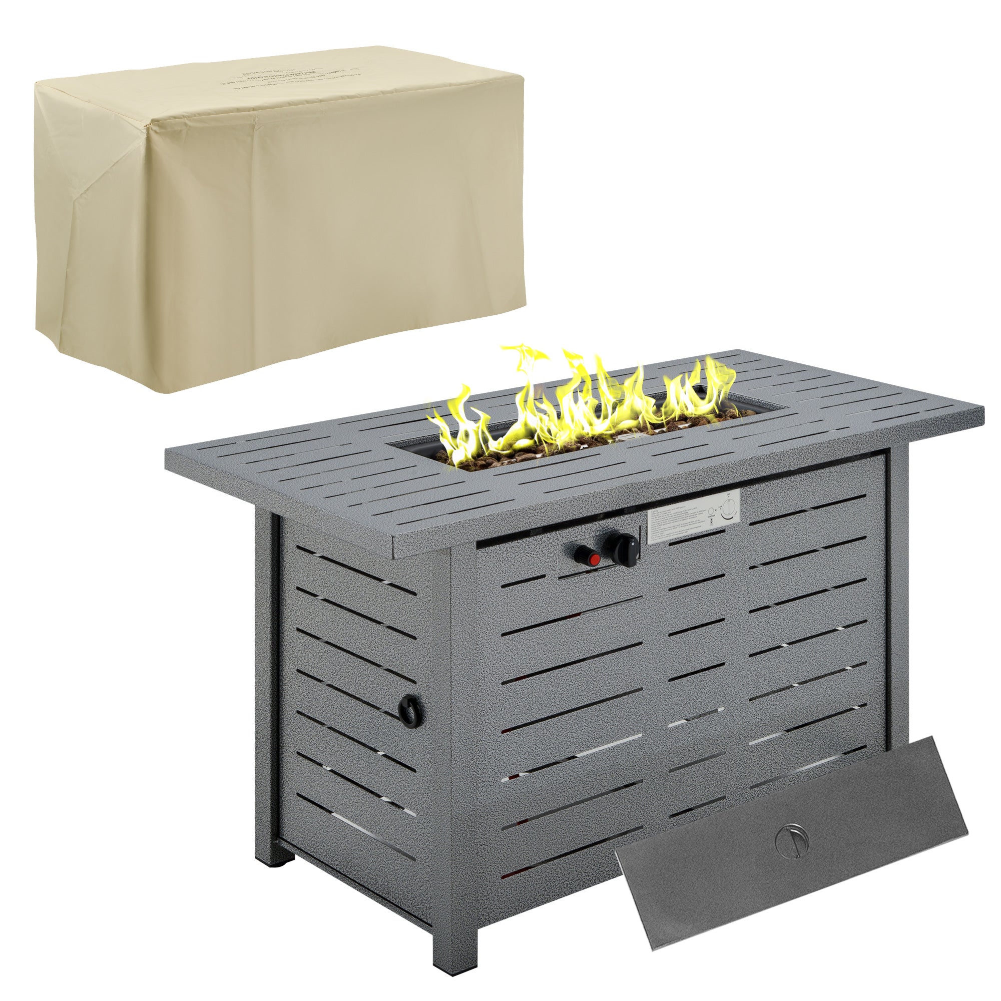 Outsunny Propane Gas Fire Pit Table, 50000BTU Smokeless Firepit Outdoor Patio Heater with Protective Cover, Lava Rocks and Lid, 107cm x 51cm x 63cm, Silver Grey - North Peak Garden Furniture