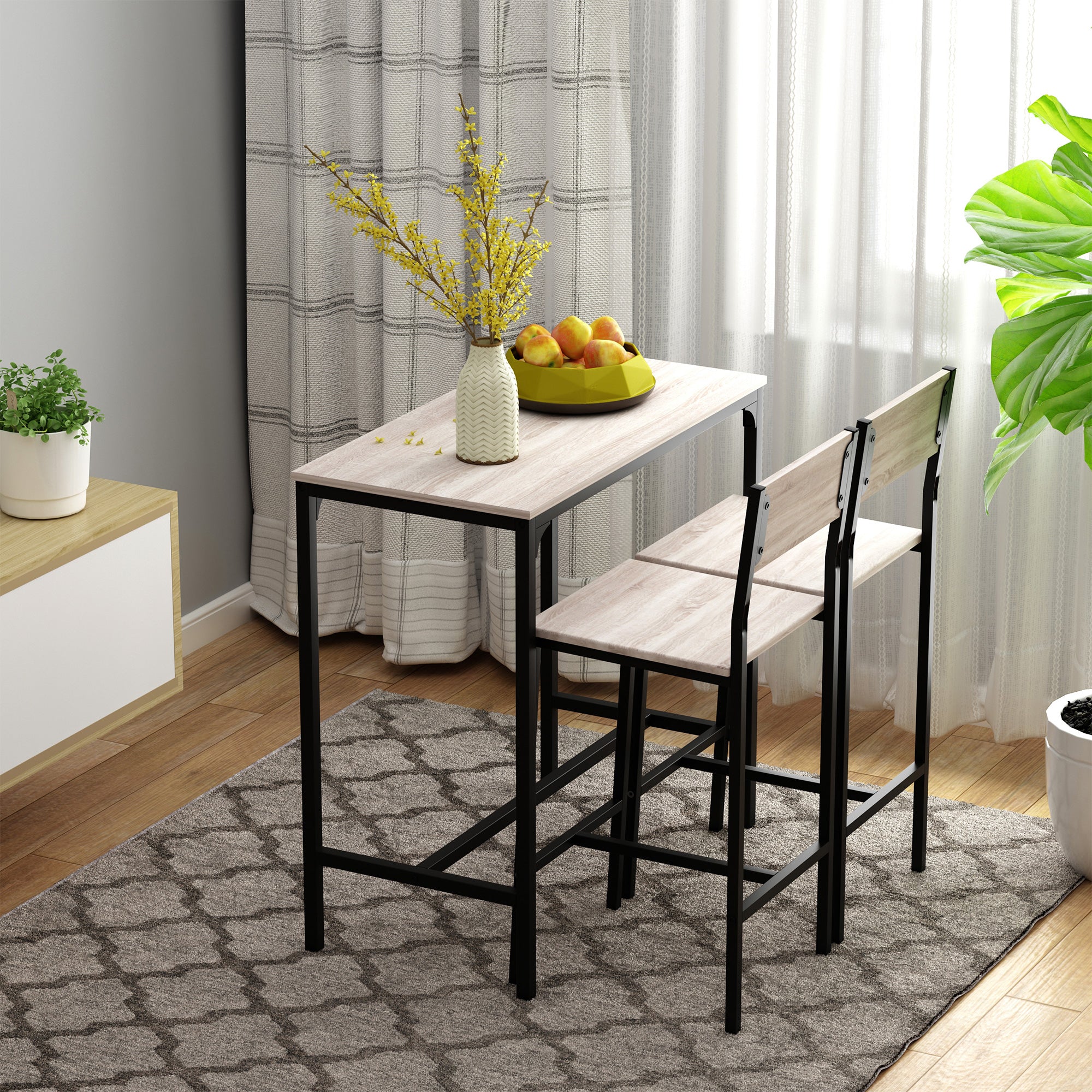 HOMCOM 3 Pcs Table Stool Set Industrial Design w/ Metal Frame Oak Tone MDF Panels Minimal Compact Beautiful - North Peak Garden Furniture