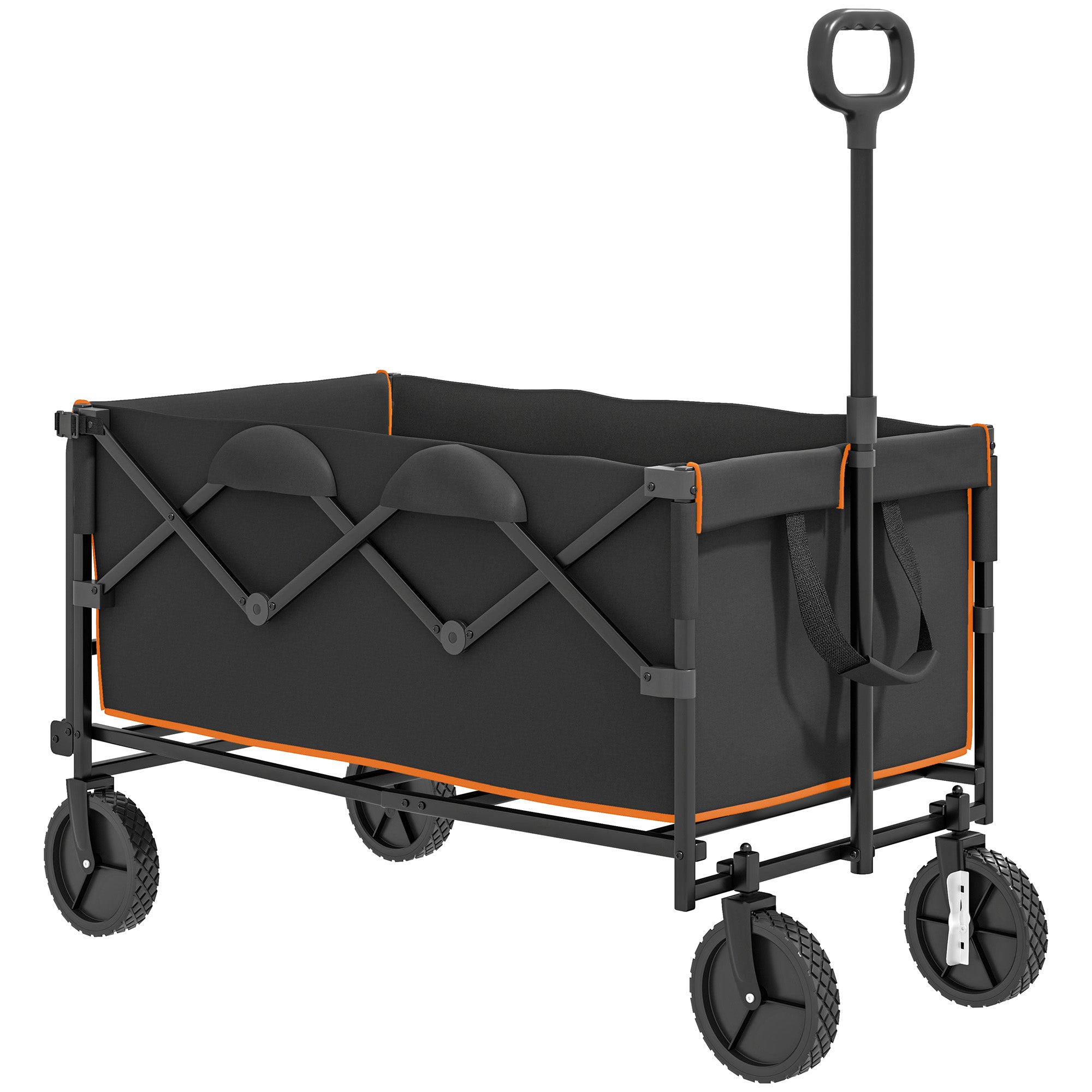 Outsunny 160L Festival Trolley on Wheels, Folding Camping Trolley Cart w/ Tailgate, 100kg Heavy Duty Garden Collapsible Folding Wagon w/Adjustable Handle, Carry Bag for Beach Picnic, Black and Orange - North Peak Garden Furniture