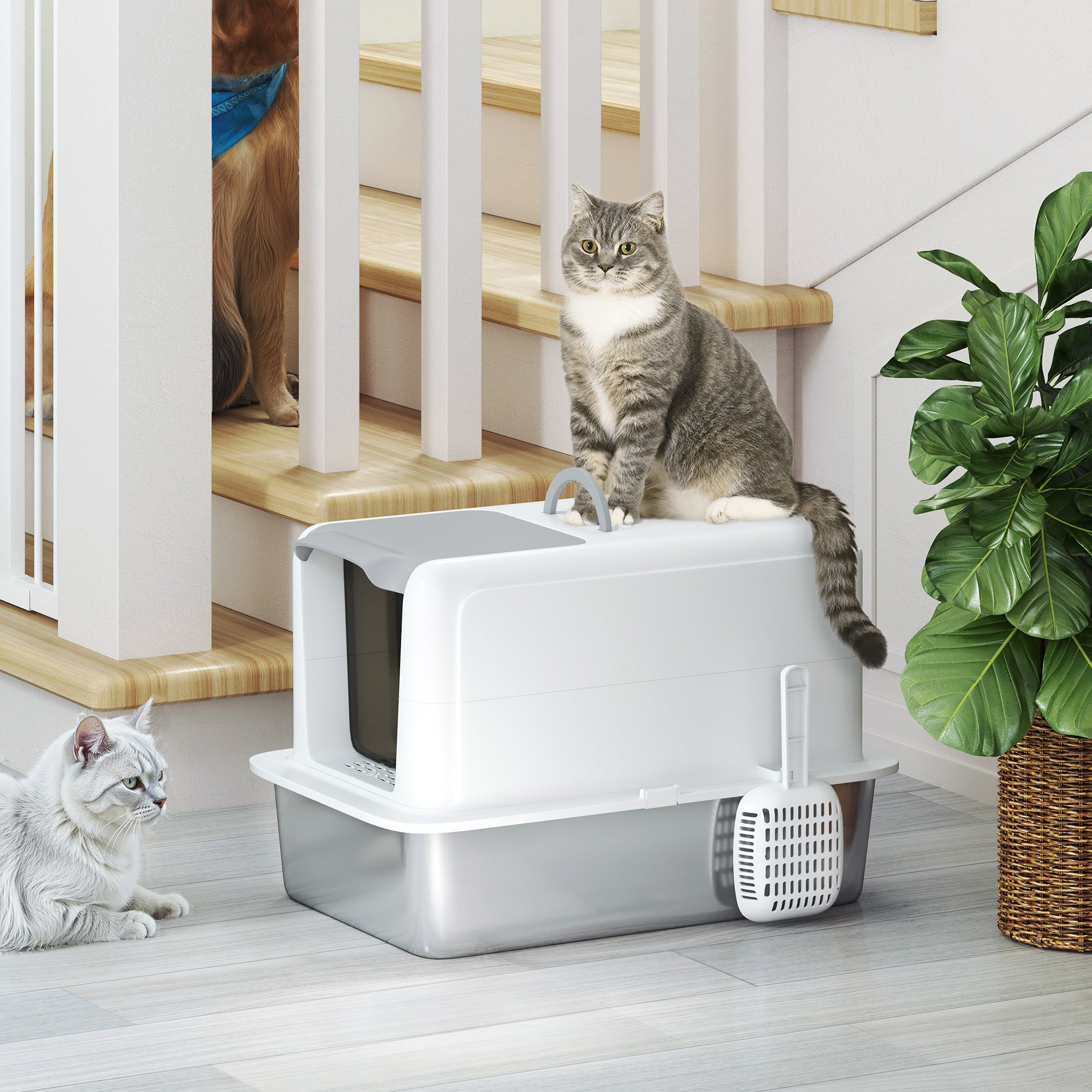 PawHut Stainless Steel Cat Litter Box with Removable Lid, Scoop, Filter Bags, for Larger Cats, White