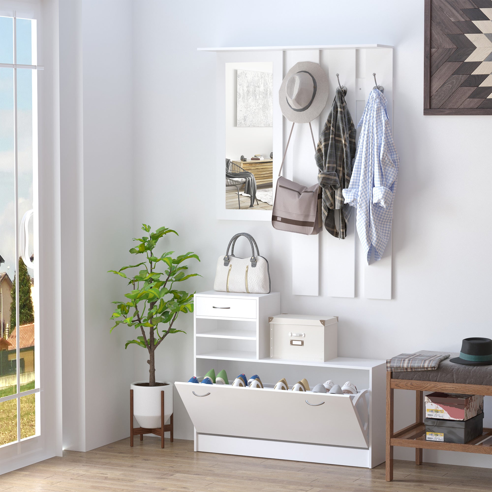 HOMCOM 2PC Shoes Storage Chest Cloths Rack Unit w/Mirror Multiple Shelves Large Storage Capacity Shoes Cabinet 6 Hooks Cloth Rack White