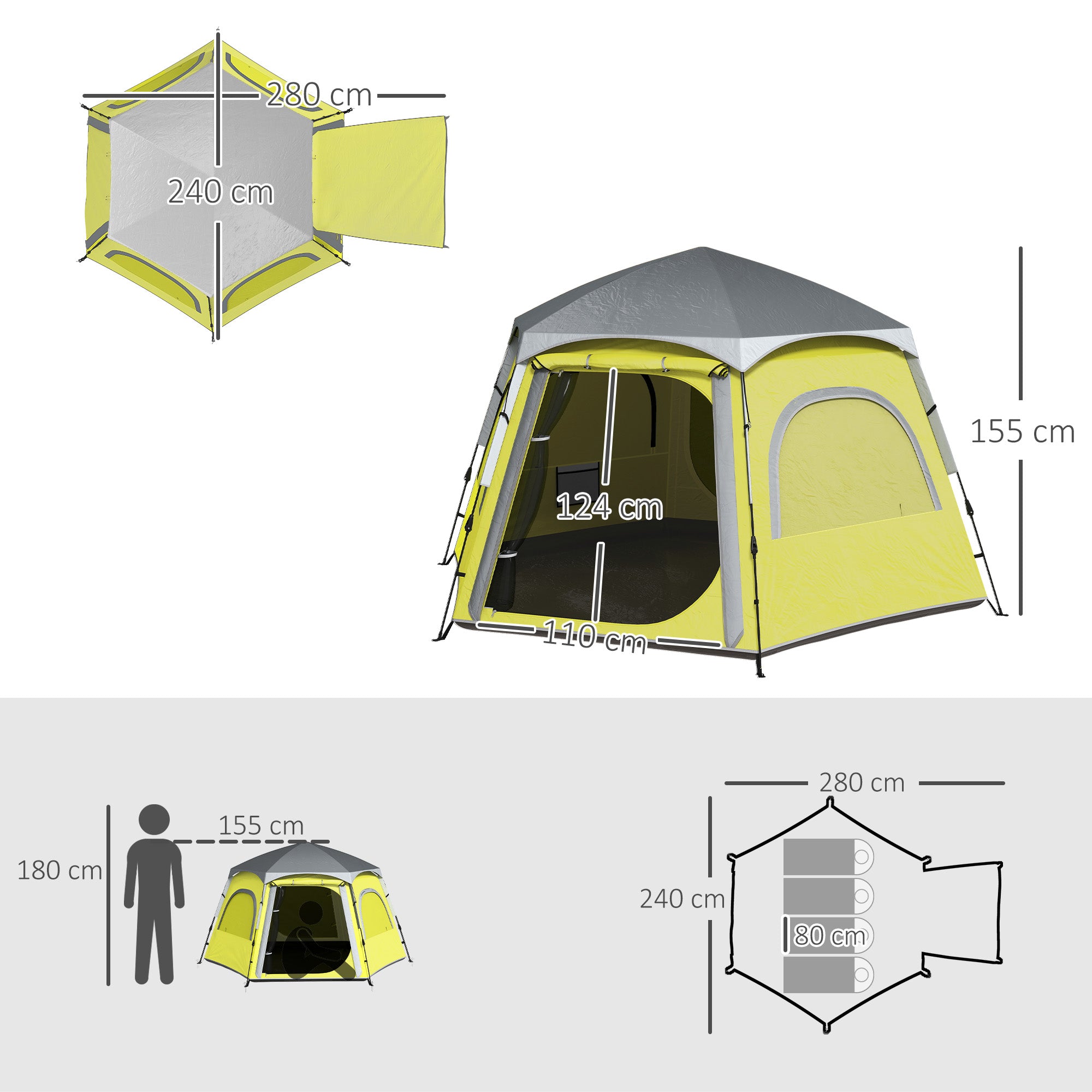Outsunny Instant Camping Tent, 2/3/4 Person Easy Setup Family Tent with Vestibule, Rainfly, 4 Mesh Windows & 2 Doors, Hexagonal Design, Waterproof UV Protected Dome Tent, Yellow Green - North Peak Garden Furniture