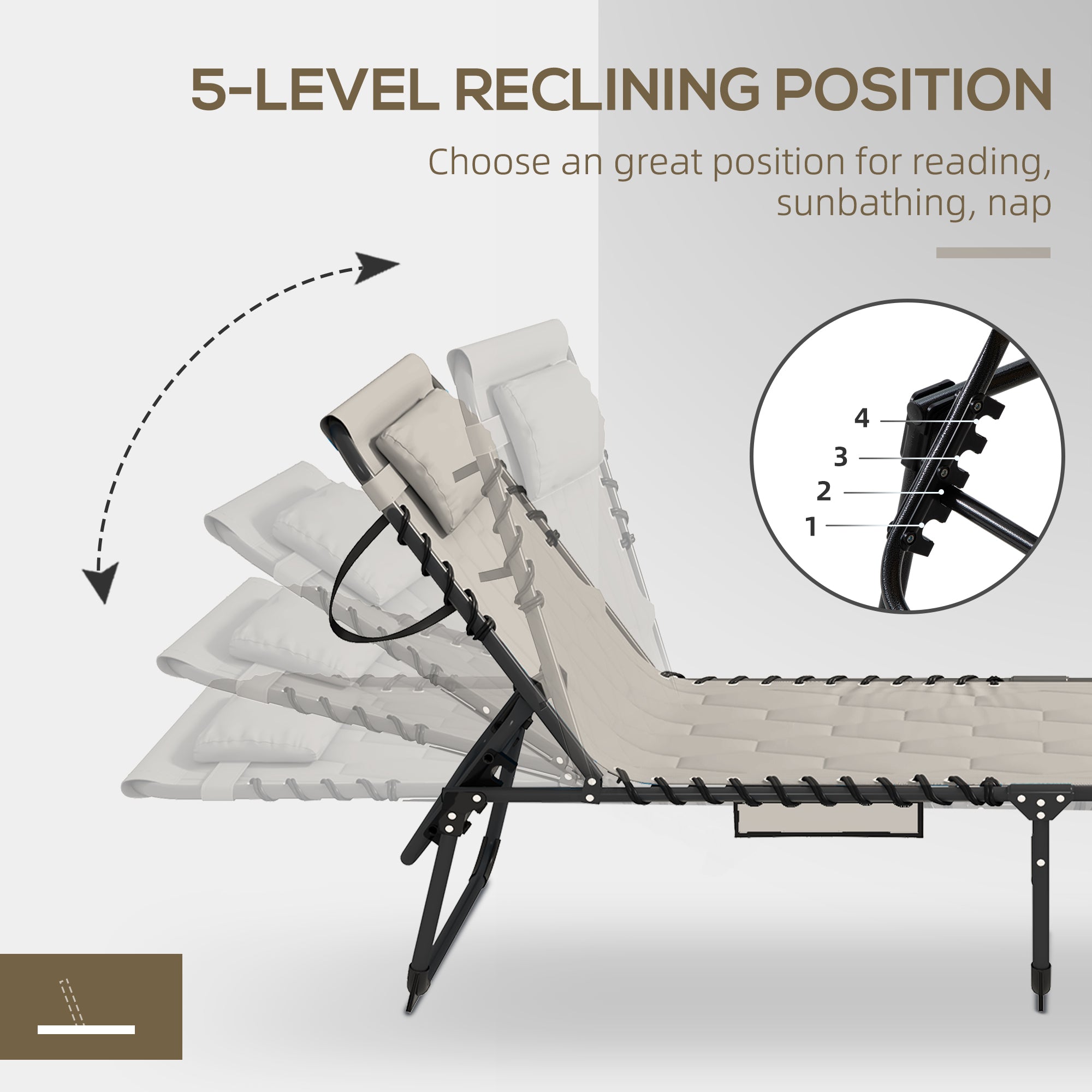 Outsunny Set of Two Sun Loungers, with Five-Position Reclining Backs - Khaki - North Peak Garden Furniture