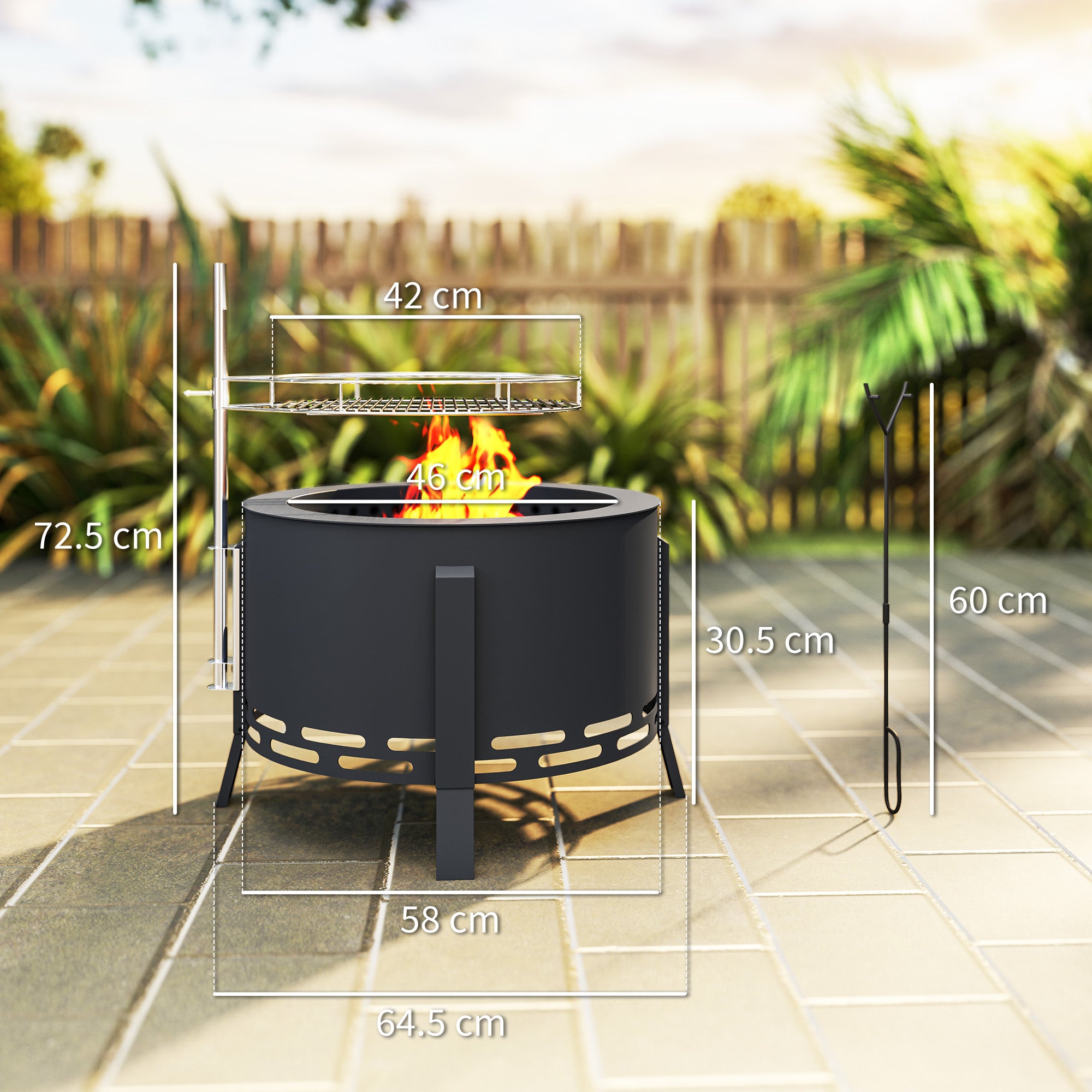 Outsunny Portable Fire Pit, 58 cm Round Firepit with Grill Grate, Fire Bowl with Ash Catcher and Poker, Fire Pit BBQ for Garden Camping Bonfire Picnic, Black - North Peak Garden Furniture