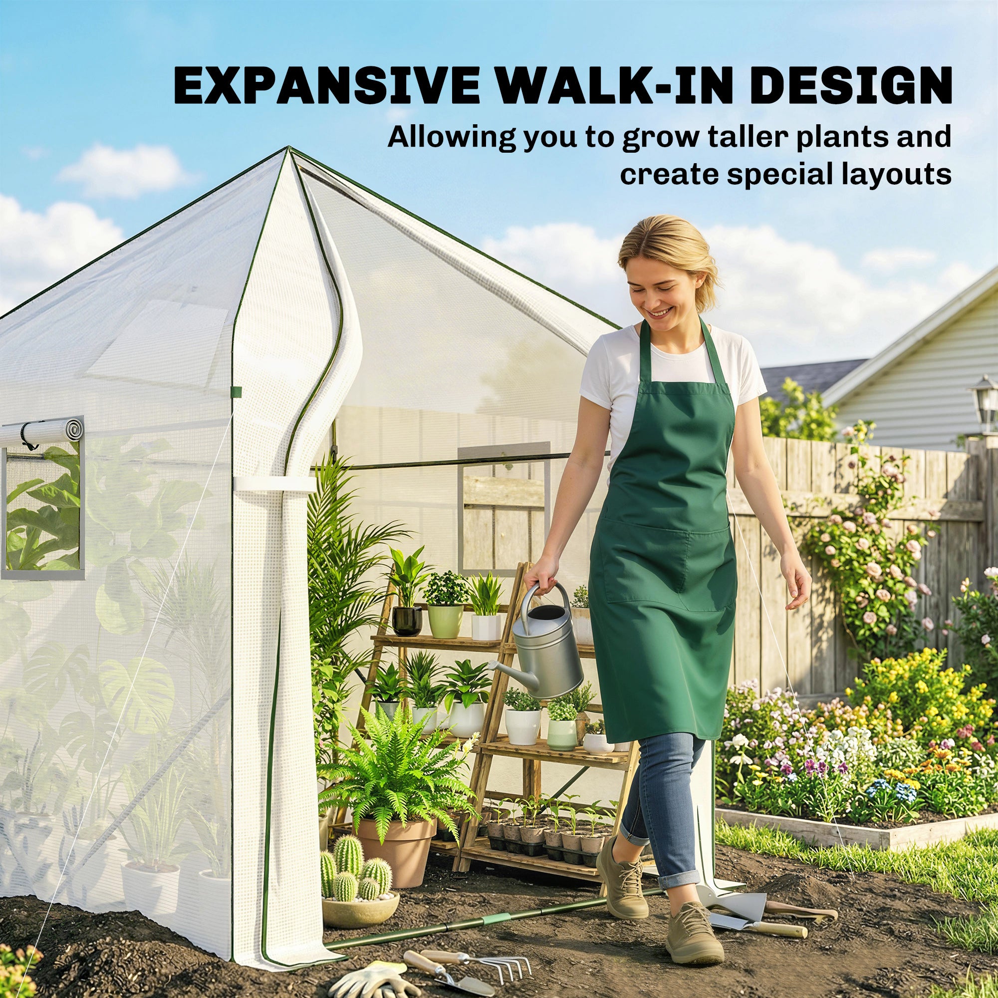 Outsunny Walk-in Greenhouse for Outdoors with Steel Frame, Large Plant House with Roll-up Door and PE Ground Cover, White