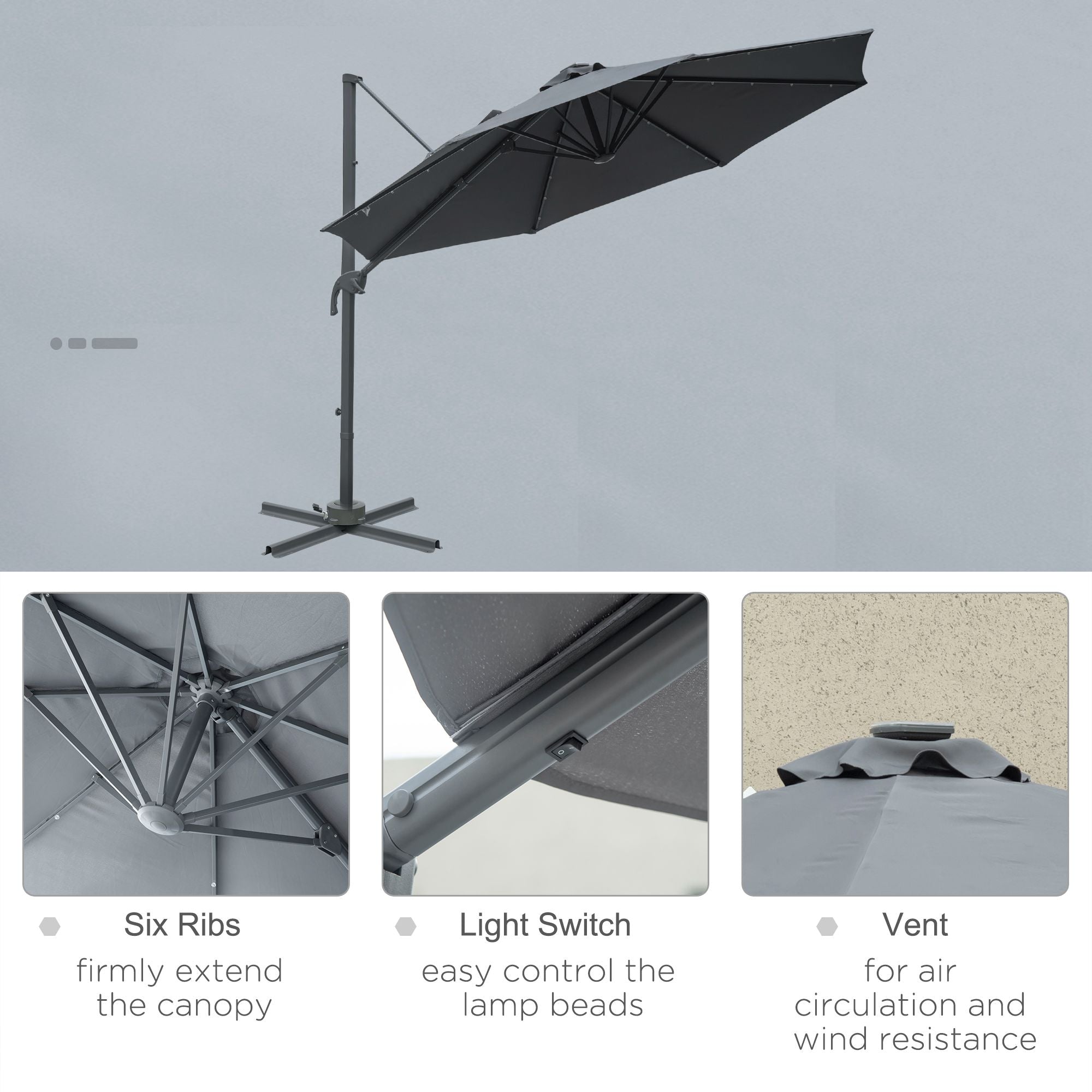Outsunny 3(m) Cantilever Roma Parasol Patio Sun Umbrella with Crank & Tilt LED Solar Light Cross Base 360° Rotating Outdoor, Dark Grey - North Peak Garden Furniture