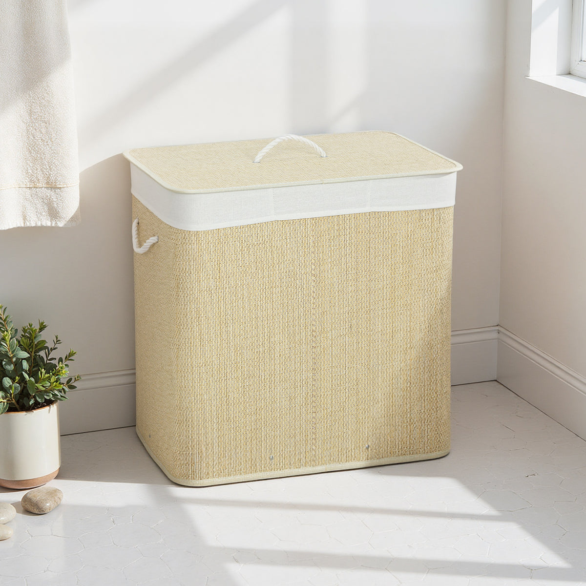 HOMCOM 3 Section Laundry Basket with Lid, 144L Bamboo Laundry Hamper with Handles, Removable and Washable Liner, Cream White