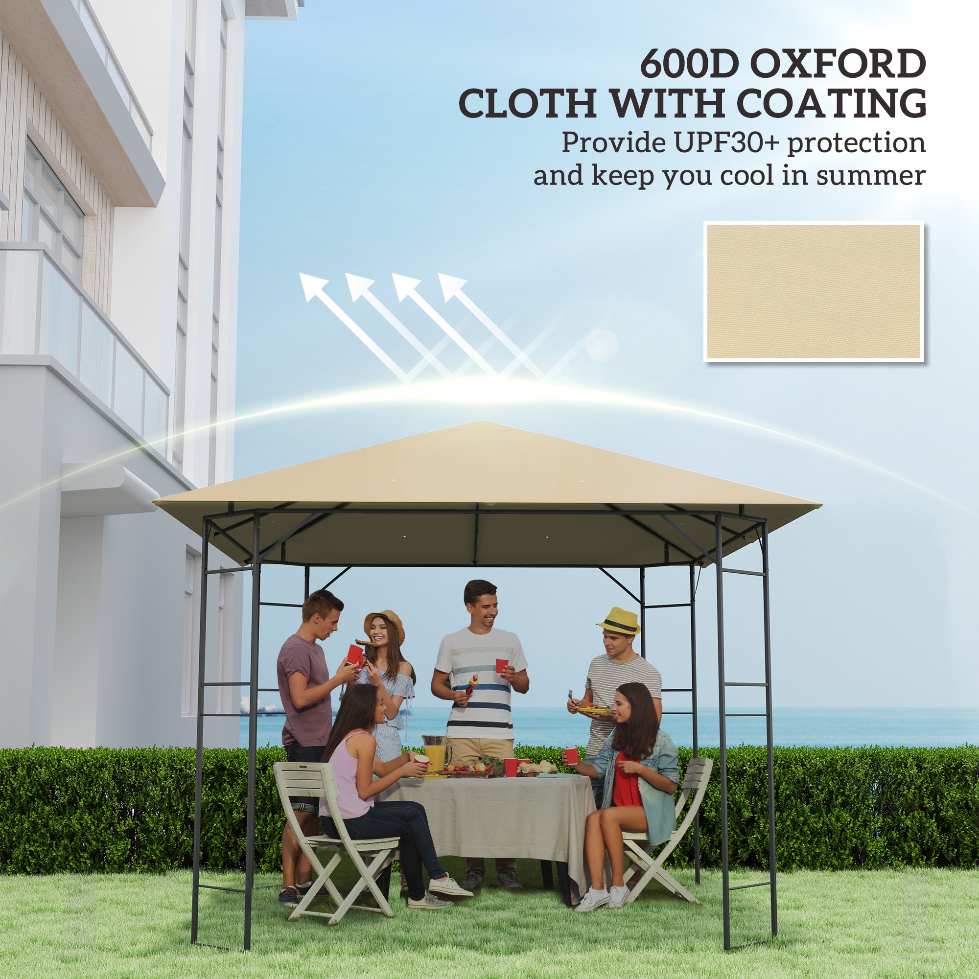 Outsunny 3 x 3(m) Gazebo Canopy Replacement Cover, Garden Gazebo Roof Replacement with Drain Holes, Water Resistant PVC Coating, 370g/㎡, UPF30+, TOP COVER ONLY, Beige - North Peak Garden Furniture