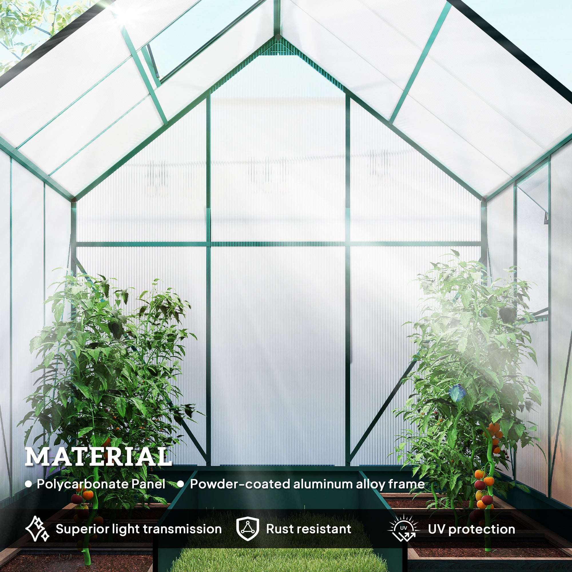 Outsunny Garden Walk-in Aluminium Greenhouse Polycarbonate with Plant Bed, Temperature Controlled Window, Foundation, 6 x 6ft