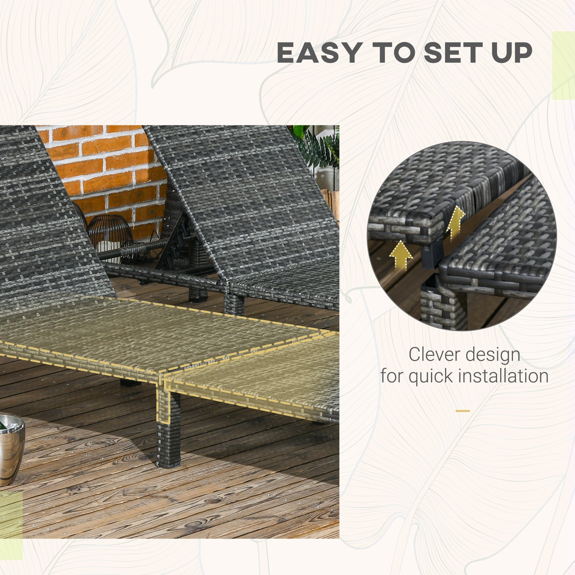 Outsunny Set of Two Reclining Rattan Sun Loungers, with Cushions - Grey - North Peak Garden Furniture