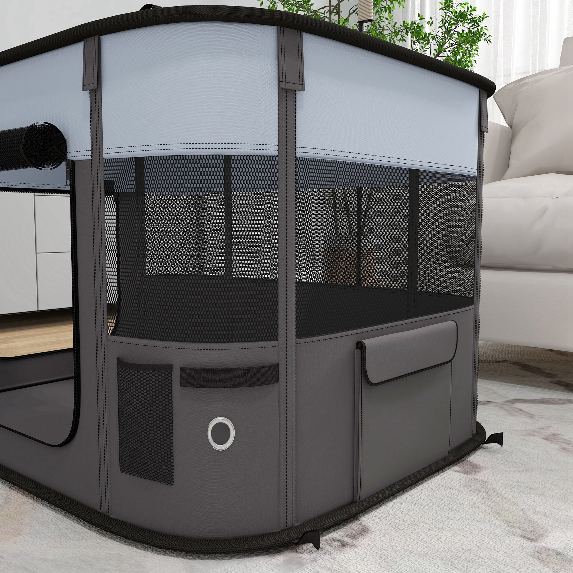 PawHut Foldable Dog Pen with Storage Bag for Indoor/Outdoor Use, Portable Pet playpen, with Ground Stakes - Grey - North Peak Garden Furniture
