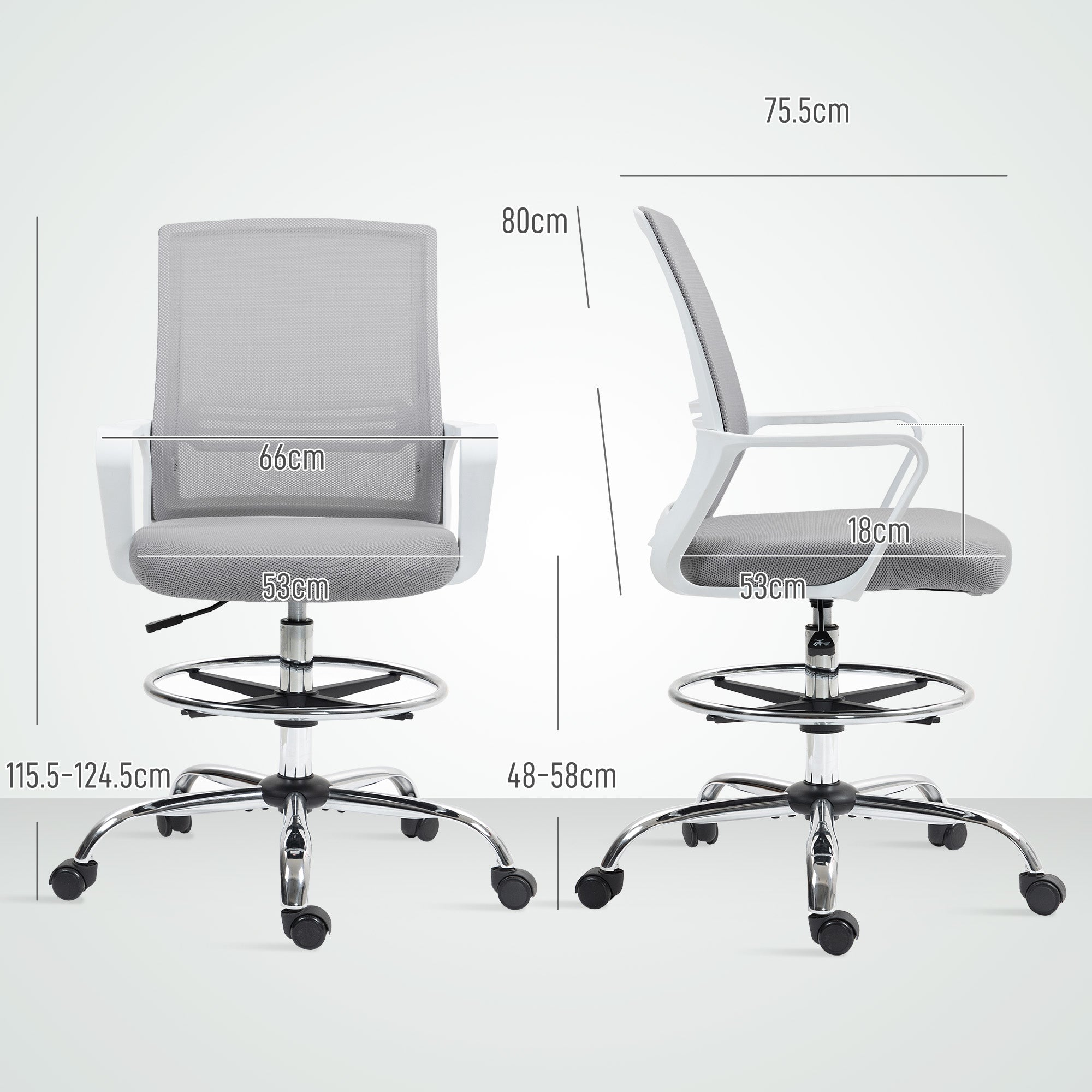 HOMCOM Draughtsman Chair, Mesh Drafting Chair, Ergonomic Office Chair with Lumbar Support, Adjustable Foot Ring, Grey - North Peak Garden Furniture