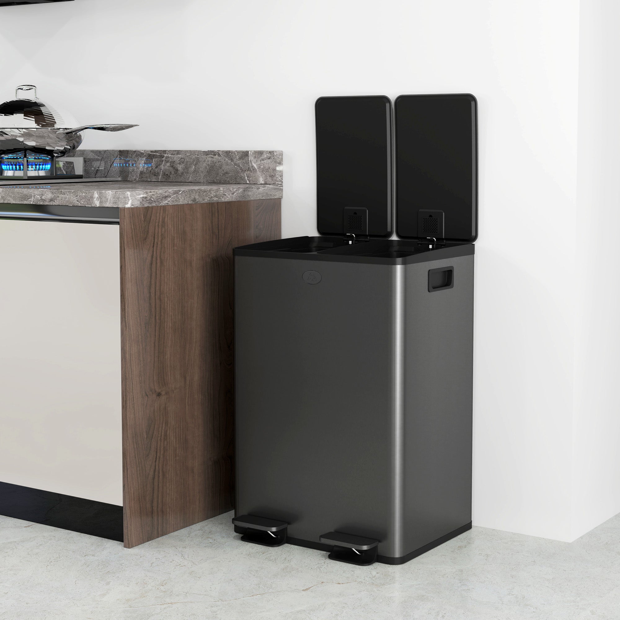 HOMCOM 56L Dual Compartment Stainless Steel Bin, with Deodoriser Holders - Black