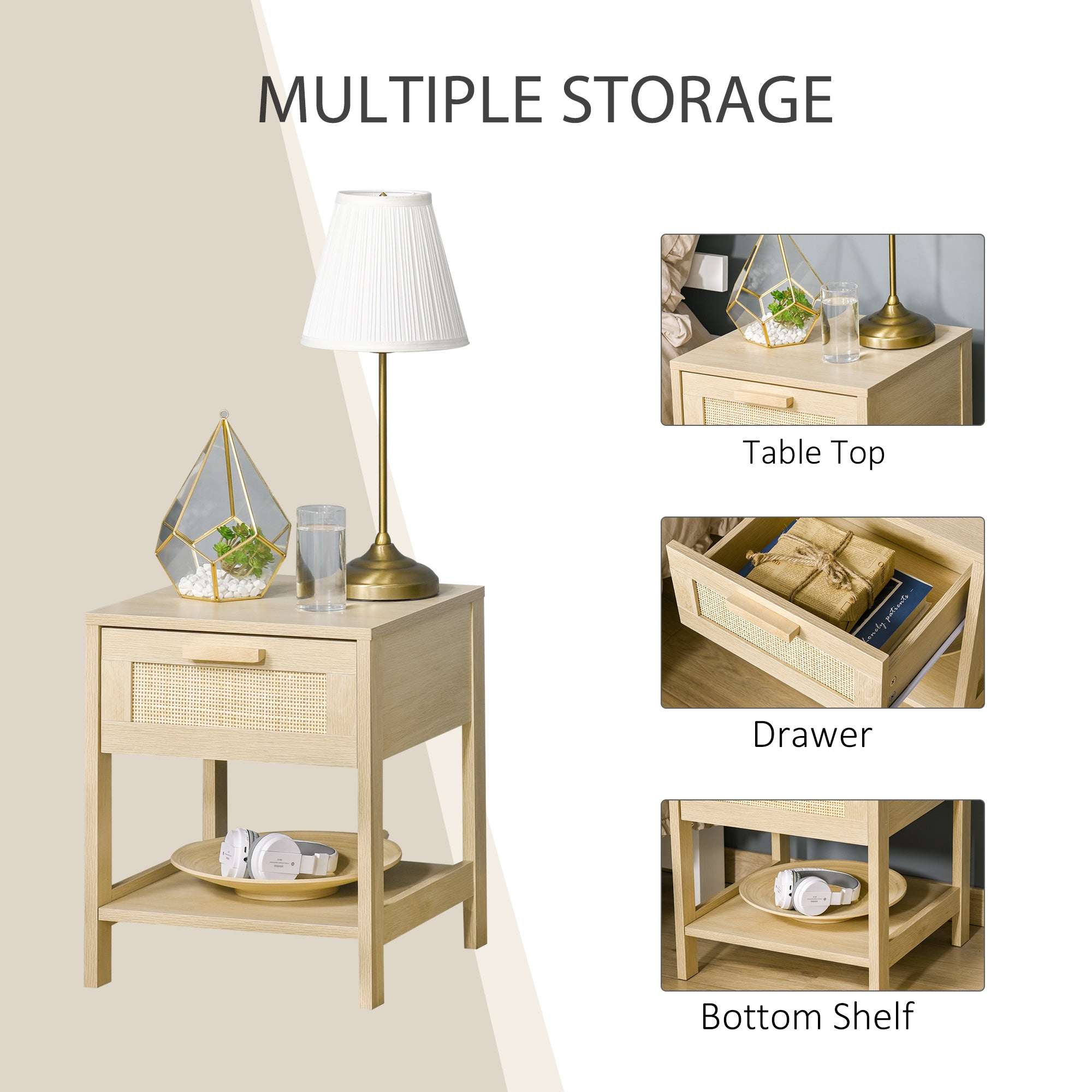 HOMCOM Nightstand with Rattan Drawer and Storage Shelf, Bedside End Table for Bedroom, Living Room - North Peak Garden Furniture