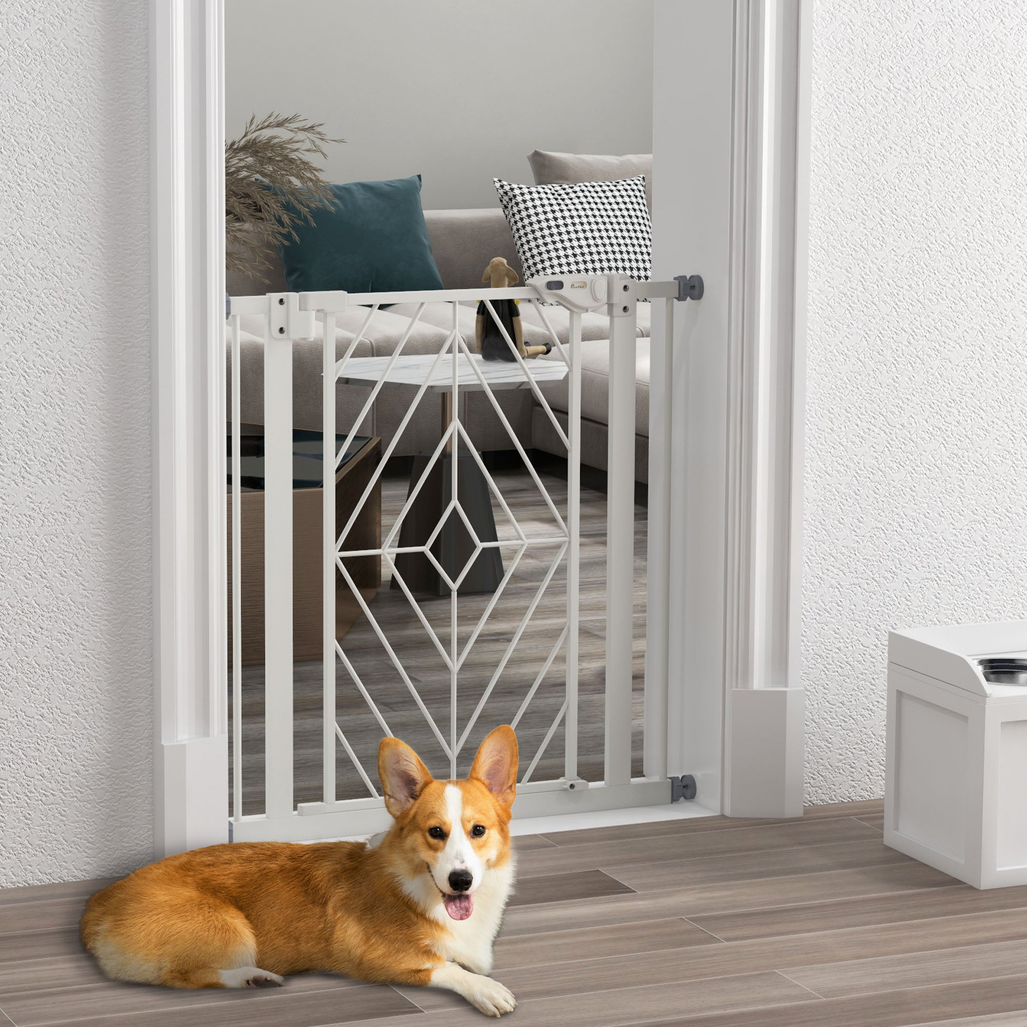 PawHut Pressure Fit Stair Gate, Dog Gate, with Auto Closing Door, Double Locking, Easy Installation, Openings 74-80cm - White - North Peak Garden Furniture