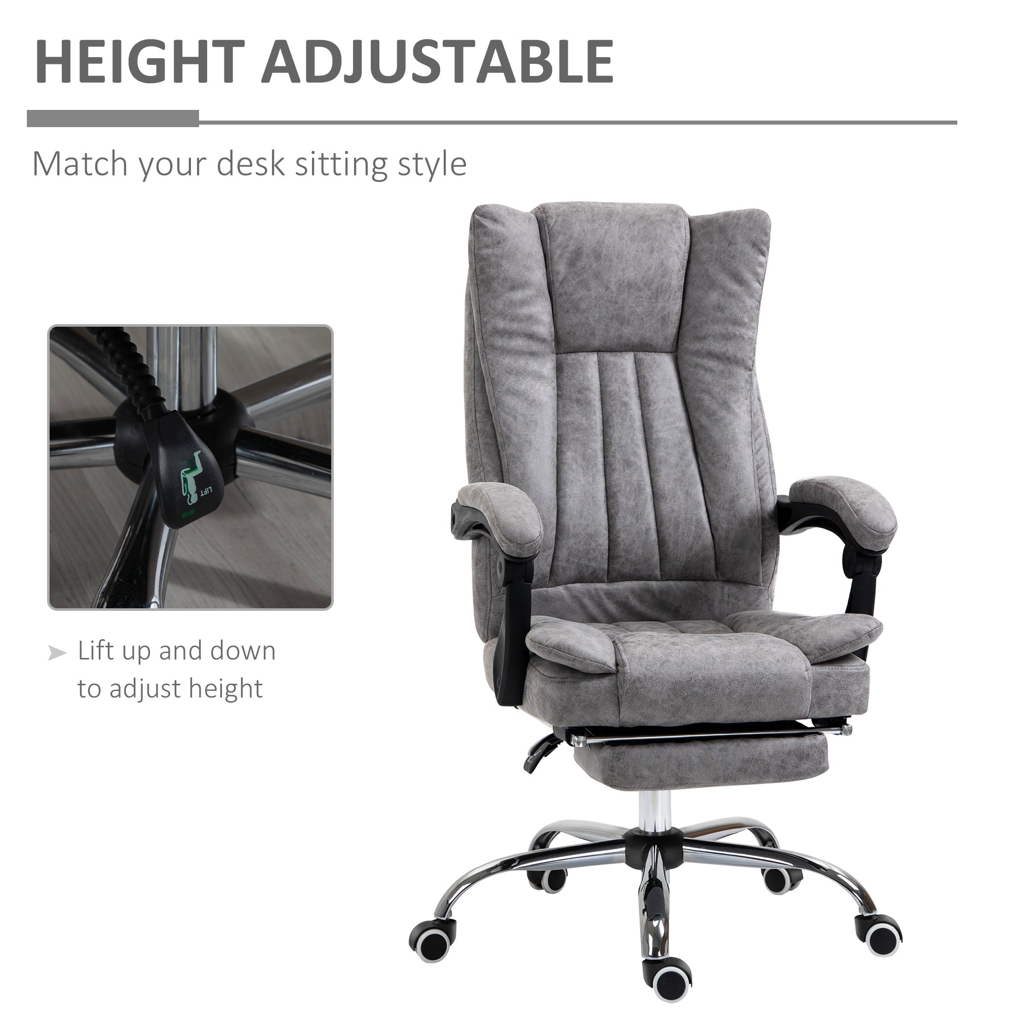 Vinsetto Home Office Chair Microfibre Desk Chair with Reclining Function Armrests Swivel Wheels Footrest Grey - North Peak Garden Furniture