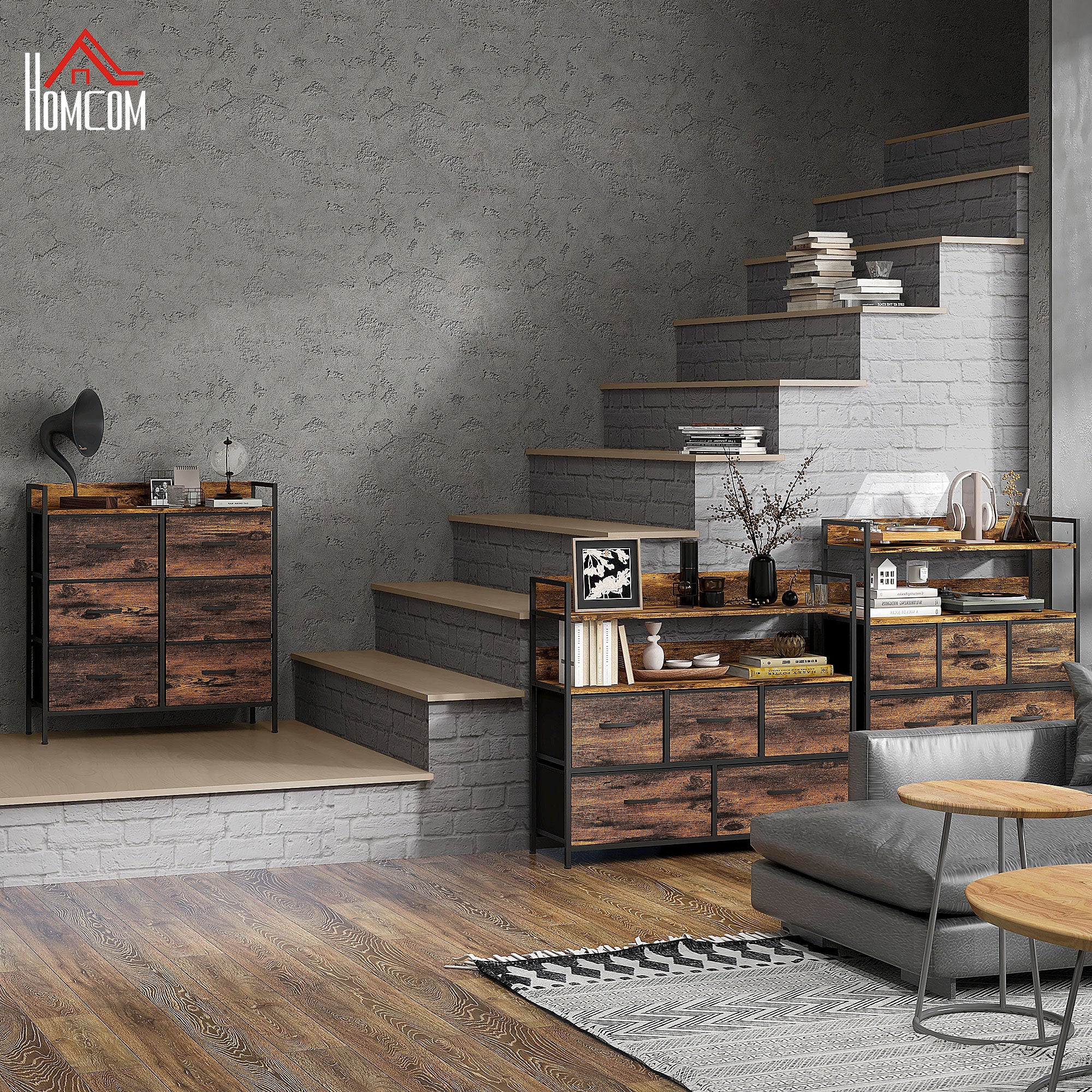 HOMCOM Rustic Chest of Six Fabric Drawers - Rustic Brown - North Peak Garden Furniture