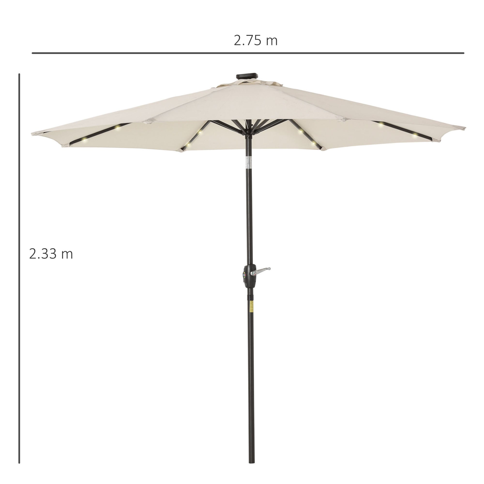 Outsunny Φ2.7m Garden 24 LED Light Parasol Solar Outdoor Tilt Sun Umbrella Patio Club Party Event Manual Sun Shade w/ Hand Crank and 8 Ribs, Off-white - North Peak Garden Furniture