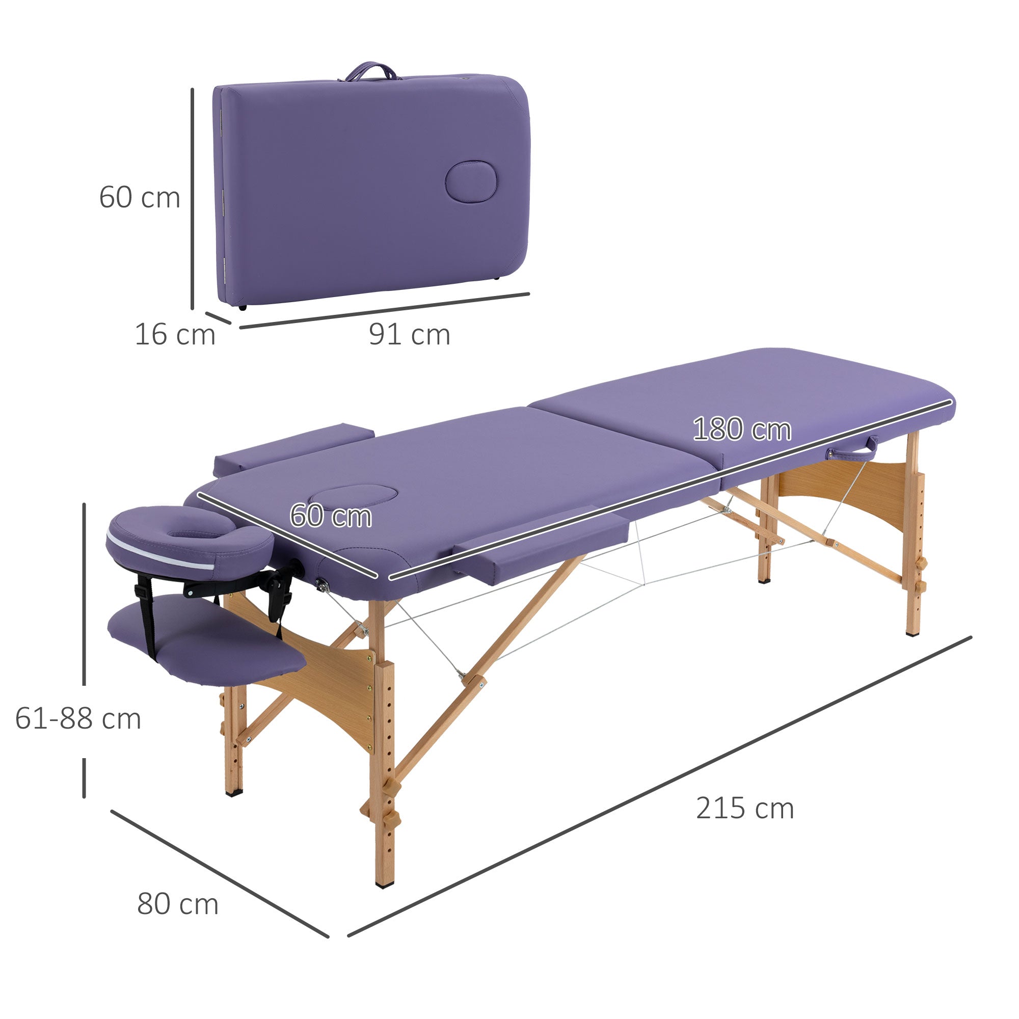 HOMCOM Portable Massage Bed, Folding Spa Beauty Massage Table with 2 Sections, Carry Bag and Wooden Frame, Purple - North Peak Garden Furniture